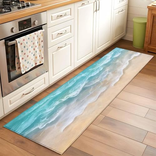 Summer Coastal Runner Rugs 2x6 ft Teal Beach Ocean Wave Washable Hallway Rugs No