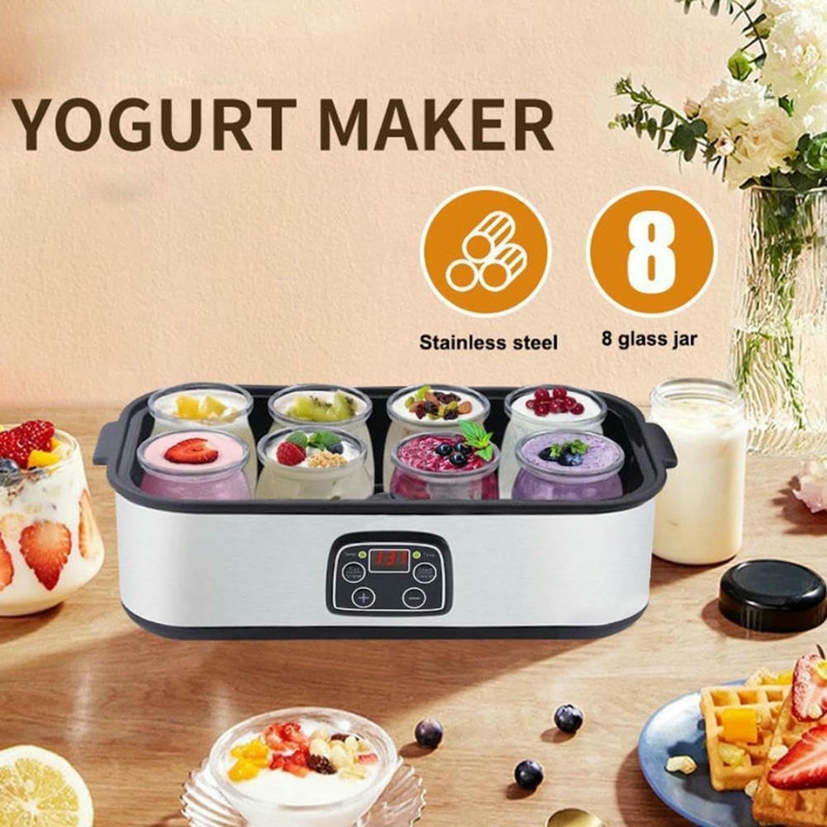 Yogurtera Automática con Control De Temperatura Y Tiempo Ajustable, con 9 Tarros De Cristal De 170ml, para Yogur Y Pan