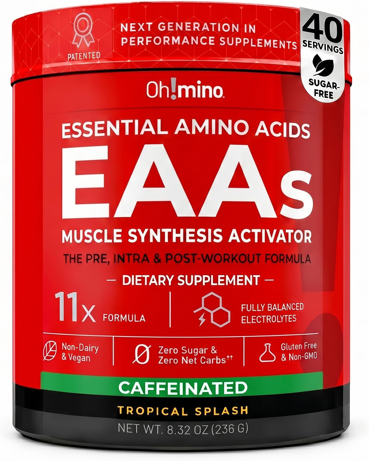 - Ohmino BCAA + EAA Powder, Amino Acid Supplement, Tropical, 40 Servings | All 9 Essential Amino Acids, Patented Formula, Electrolytes & Adaptogens, Muscle Recovery & Endurance, Sugar-Free