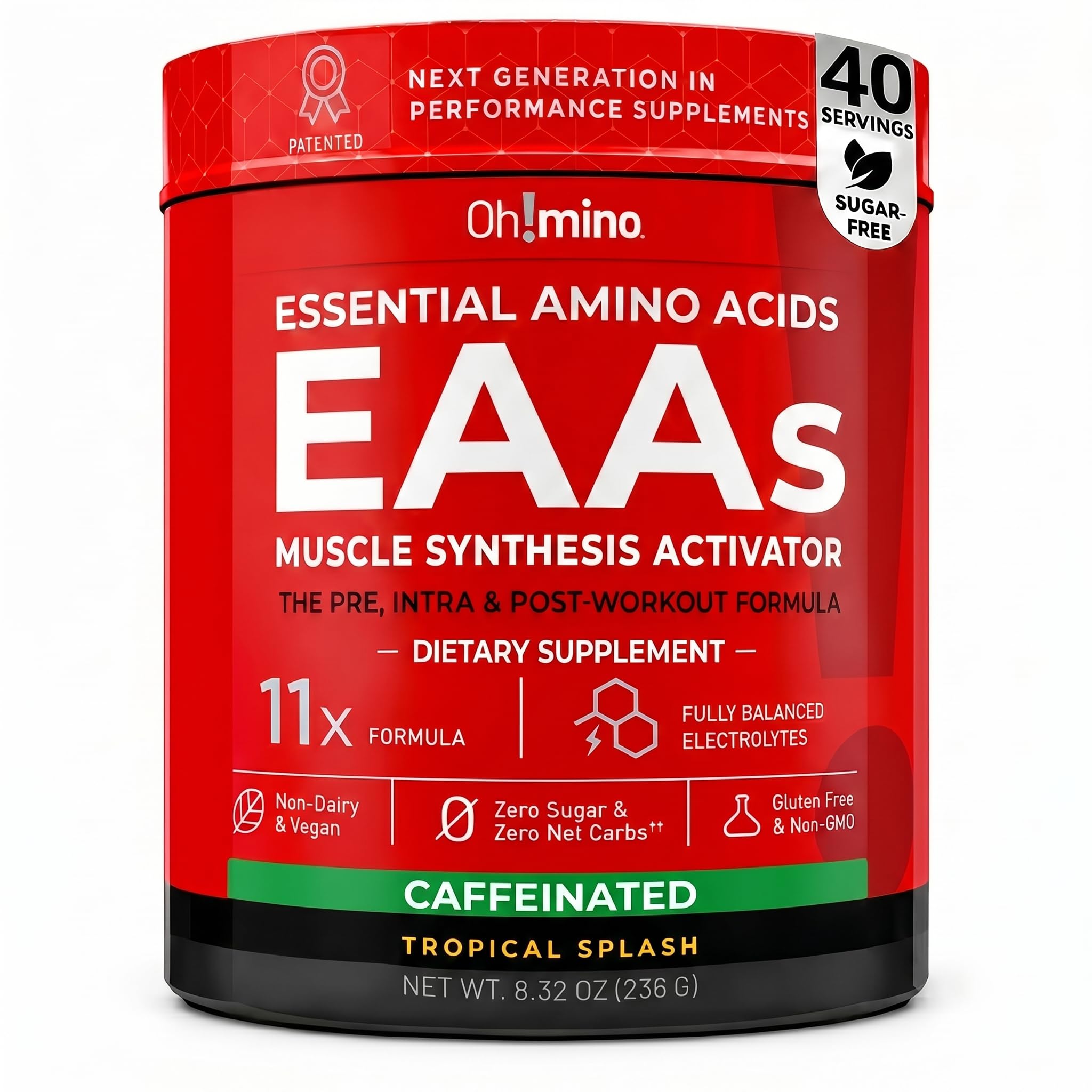 Ohmino BCAA + EAA Powder, Amino Acid Supplement, Tropical, 40 Servings 8.32 Ounce (Pack of 1) B. Tropical Splash Caffeinated