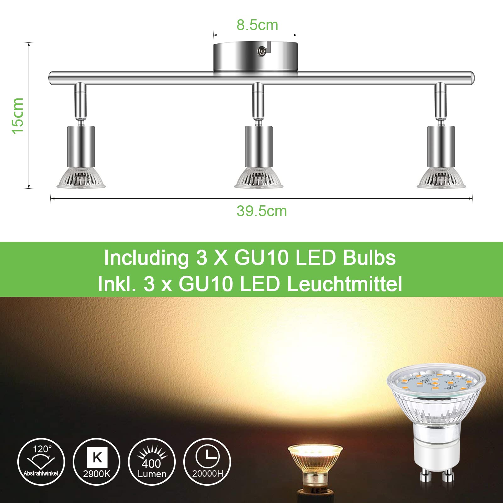 Unicozin LED Deckenleuchte, 3 Flammig Deckenstrahler Schwenkbar Chrom, Inkl. 3 x 3.5W GU10 Lampen, 380LM, Warmweiß, Deckenspot LED Deckenlampe