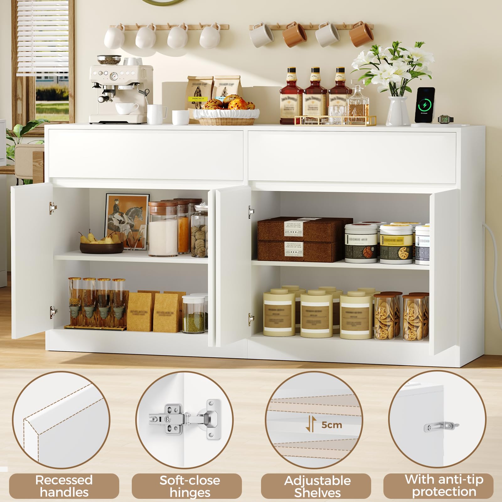 BEWISHOME Credenza Cucina, Credenza Soggiorno, Presa con Elettrica Bianco | 140×80×40cm Mobile cucina con 2 Cassettie 4 Ante Mobile Buffet Ripiani Regolabili Stile Modernoper Ambiente Pranzo Soggiorno