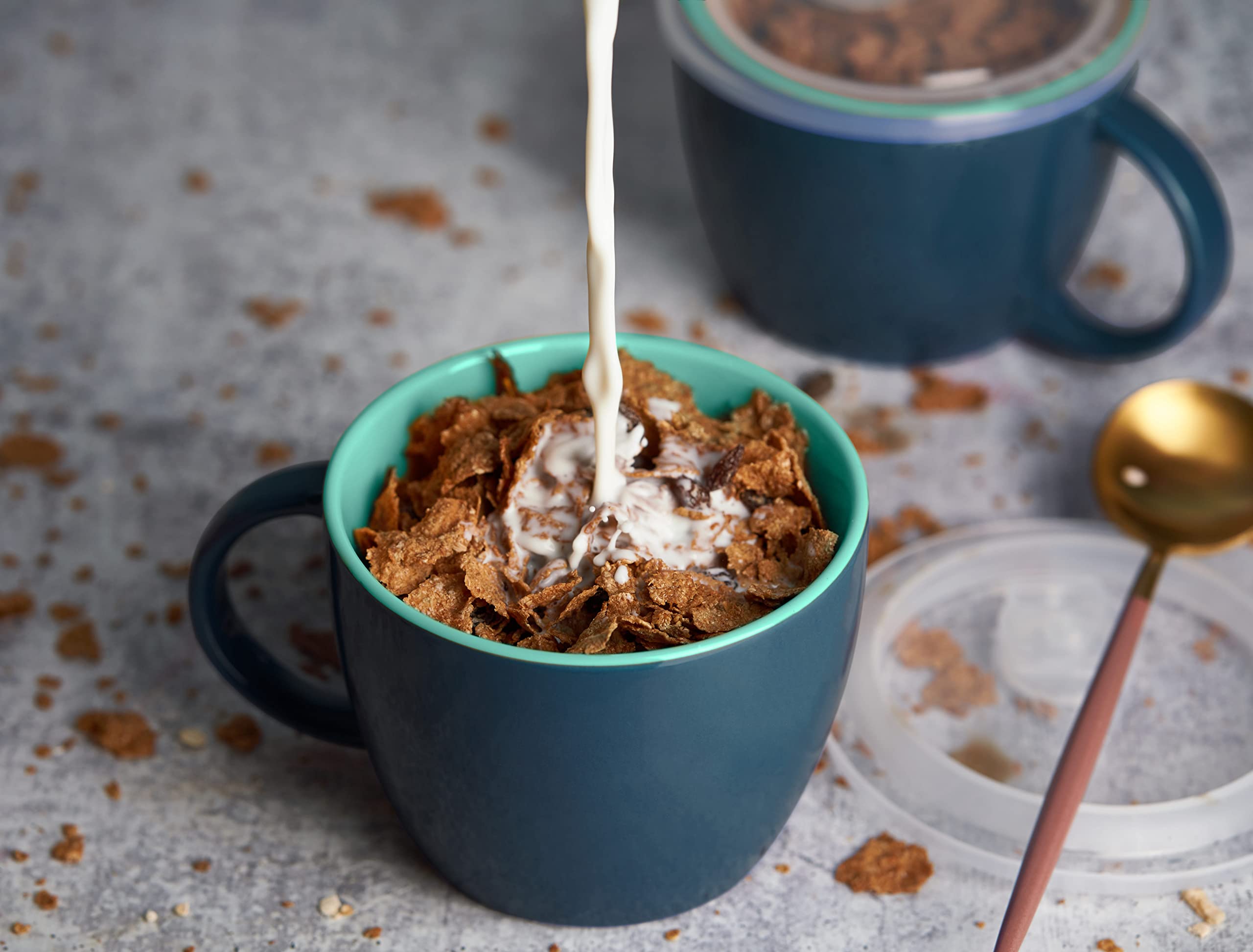 KooK Ceramic Soup Mugs, with Handle and Vented Plastic Lid, Perfect for Overnight Oats, Microwave Safe, Travel Cups, for Coffee, Cereal, Noodles and Tea, 25 oz, Set of 2 (Matte Navy/Jade)