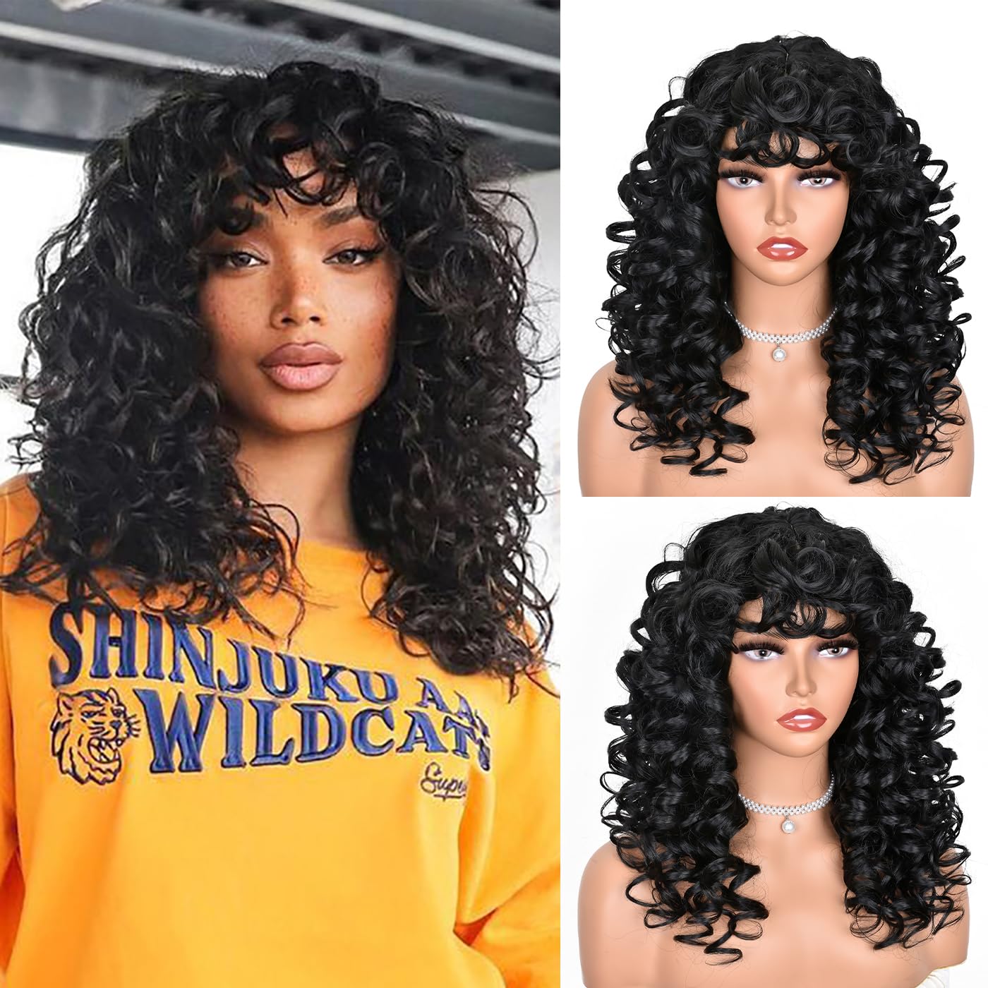 ISAMY Long Curly Wigs for Black Women Curly Afro Wig with Bangs for Women Big Bouncy Fluffy Synthetic Fiber Glueless Hair for Cosplay and Daily (Black)