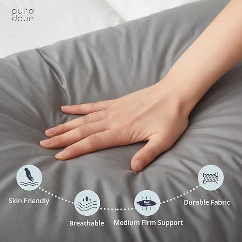 Miniatura 3 de puredown Paquete de 2 almohadas de plumas para dormir, 100% algodón, lavables, tamaño Queen, color gris claro