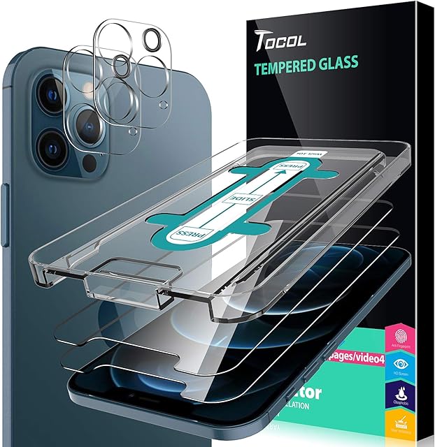 TOCOL 5 Pack Compatible with iPhone 12 Pro Max 5G 6.7 inch, 3 Pack Screen Protector Tempered Glass and 2 Pack Camera Lens Protector 9H Hardness HD Clear Alignment Frame Case Friendly