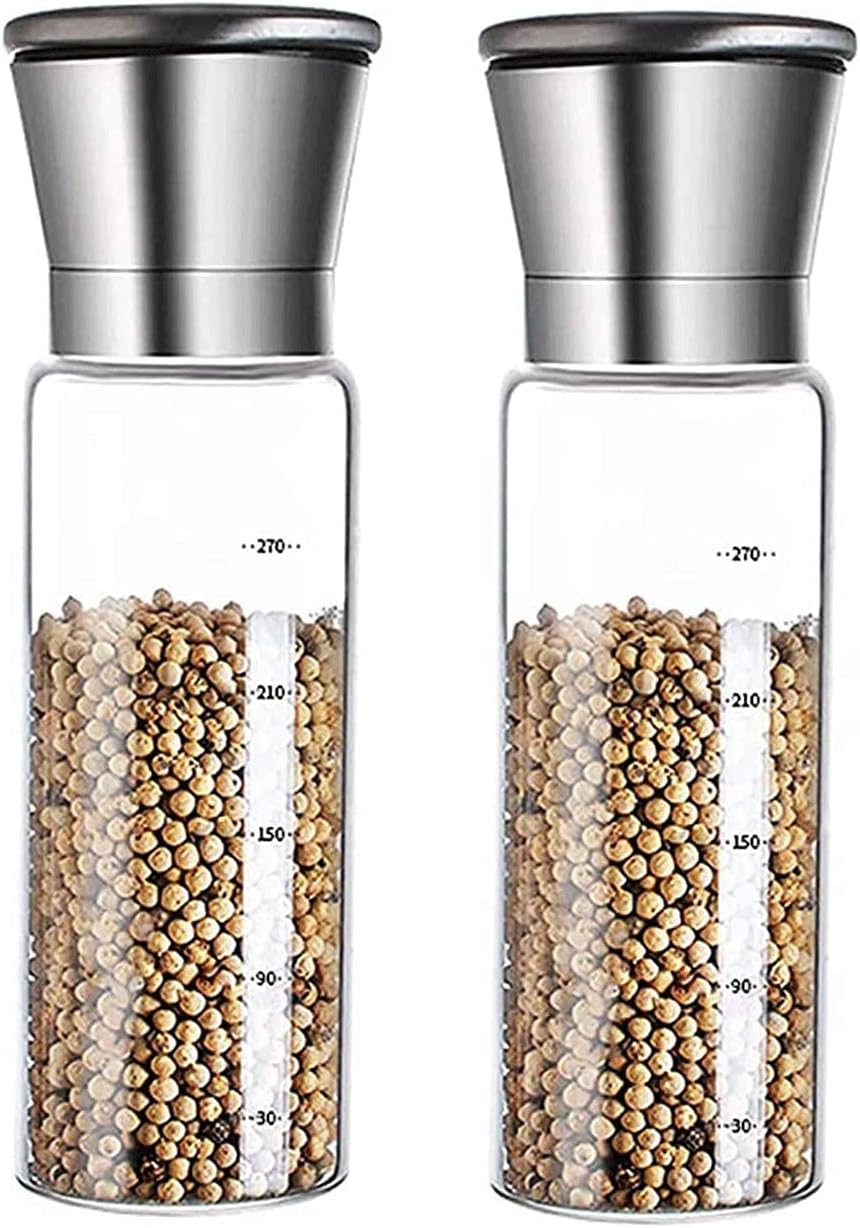 Salt and Pepper Grinder Set of 2 Stainless Steel Glass Pepper Mills,Salt and Pepper Shakers Set with Adjustable Coarseness,Large Capacity, Premium Brushed 304 Stainless Steel and Glass Body