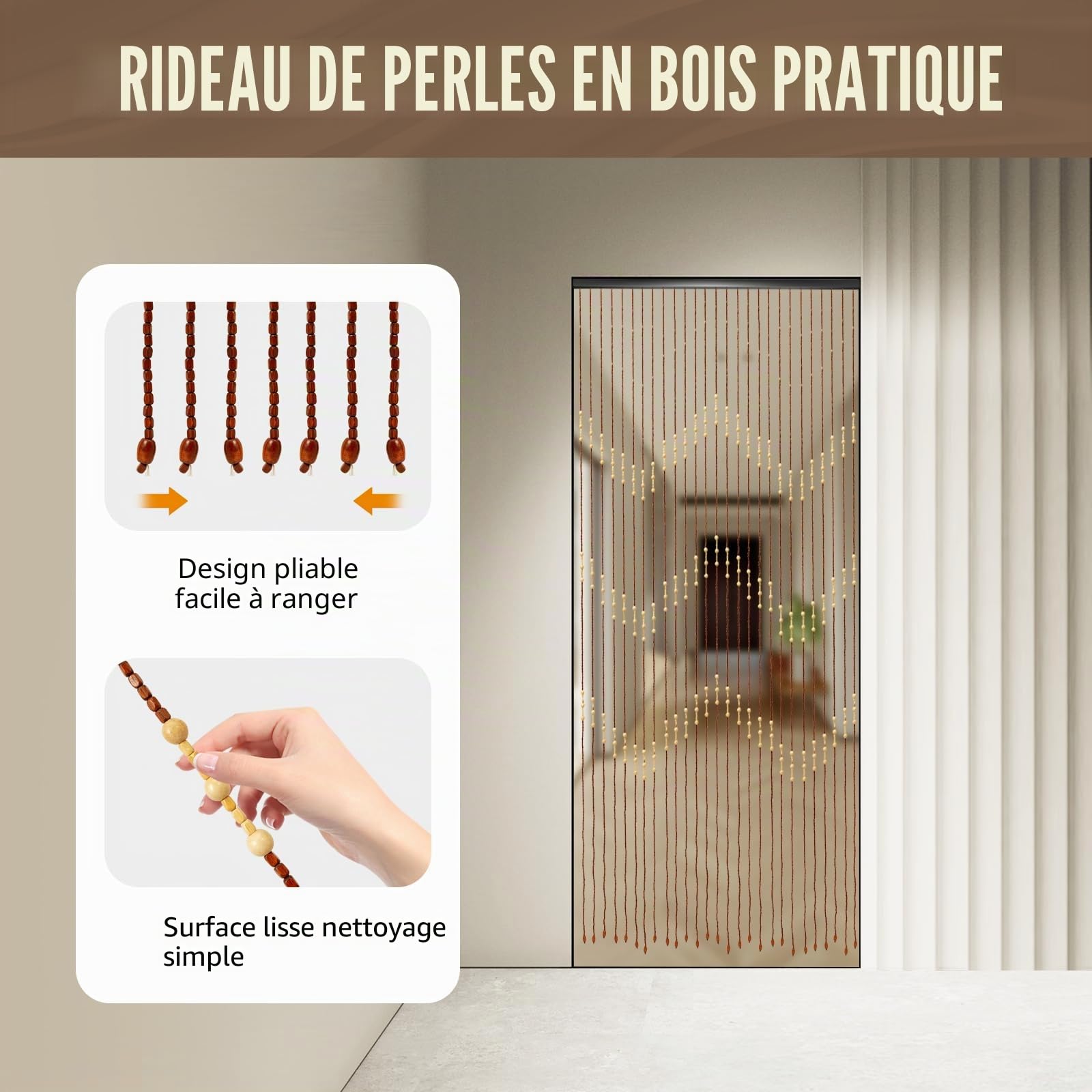 Rideau de porte en perles 90x175 cm 27 brins - Rideau en bois perlé en bambou - Boho pour portes, décoration, séparateur de pièce pour salon, balcon (Bois)