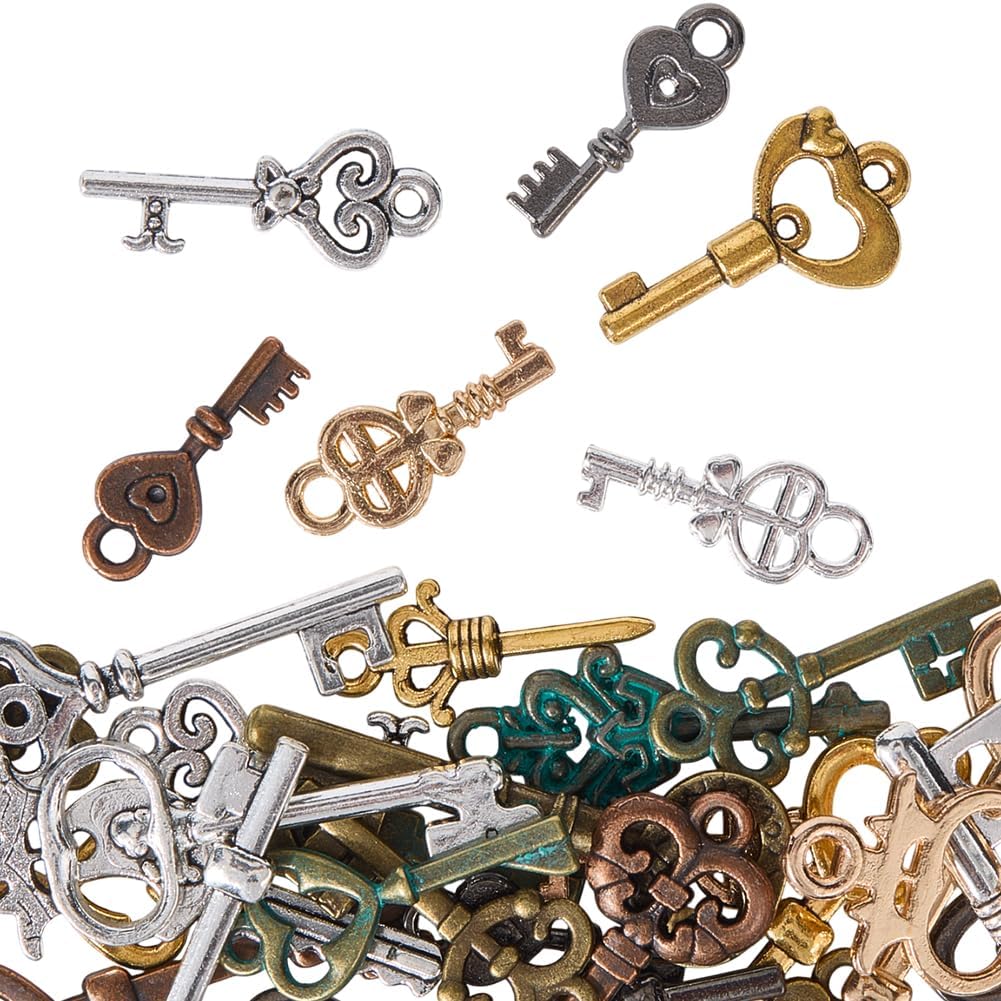 1 Box 40Pcs Skeleton Key Charms Bulk Antique Style Mini Charms Small Metal Tibetan Vintage Colorful Alloy Charm Pendants Findings for Jewelry Making Charms Necklaces Bracelets DIY Crafts