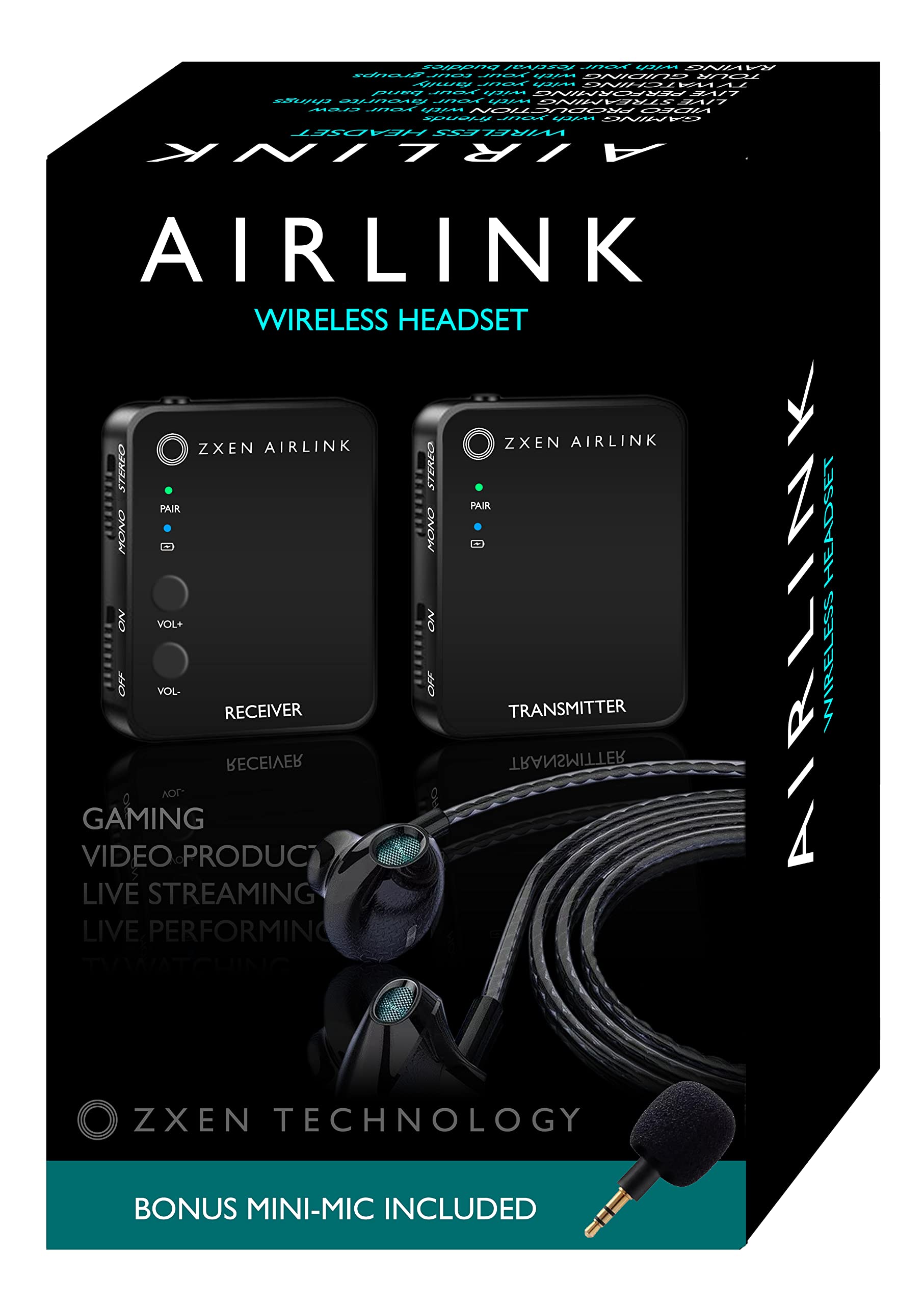 Airlink 2.4Ghz Wireless in Ear Monitor System with Noise Canceling Aluminum Earphones and 10 Hours Battery Life. Supports Multiple Headsets. Lossless.