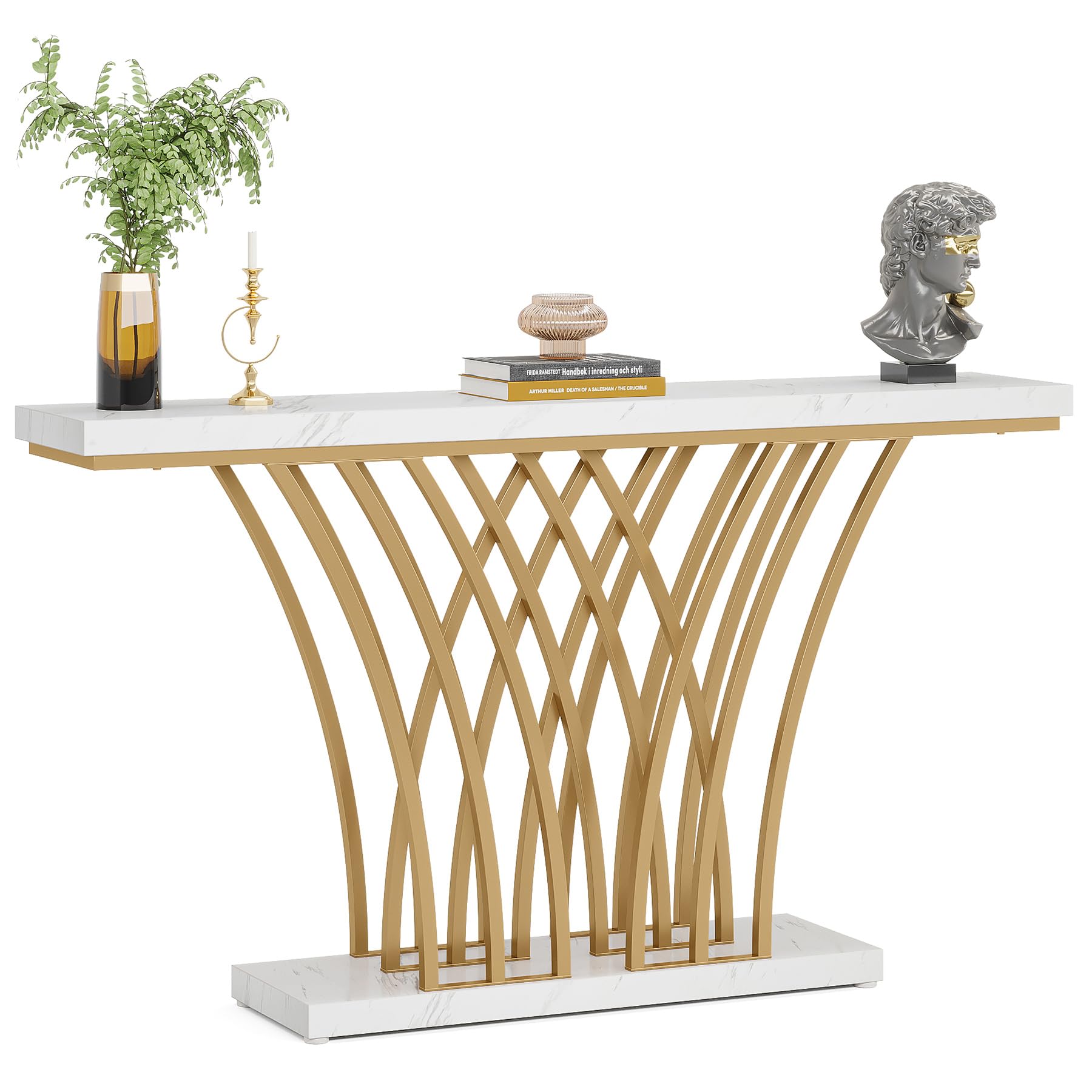 LITTLE TREE Narrow Entryway Console Table,Faux Marble White+Gold
