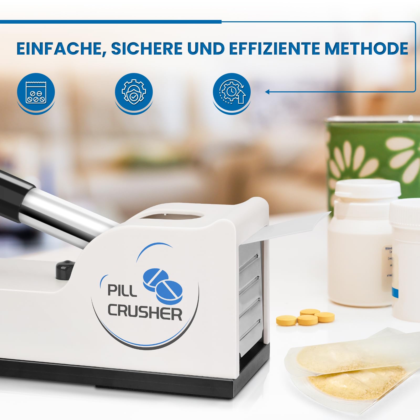 Tablettenmörser mit 100 Beutel, Feinpulver Tablettenzerkleinerer, Mörser Mit Stößel, Medizinische Tablettenpresse für Senioren, Kinder, Haustiere, Pill Crusher