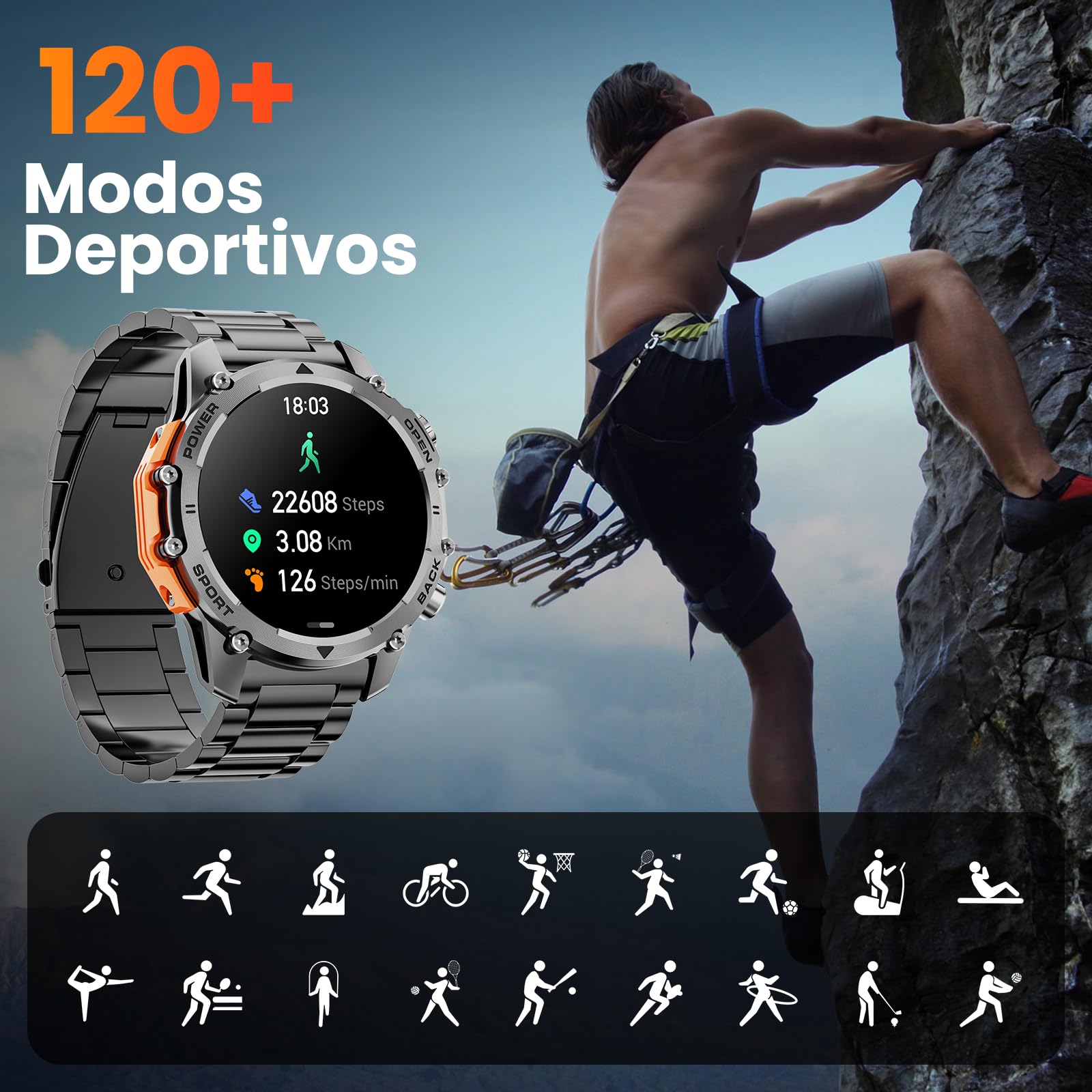 Reloj Inteligente Hombre con Linterna, 1.52" HD Smartwatch Militar con 500 mAh Batería(7-20 días), Relojes Inteligentes Hombre con 110+ Deportivos/Monitor Sueño/Pulsómetro/SpO2 para iOS Android