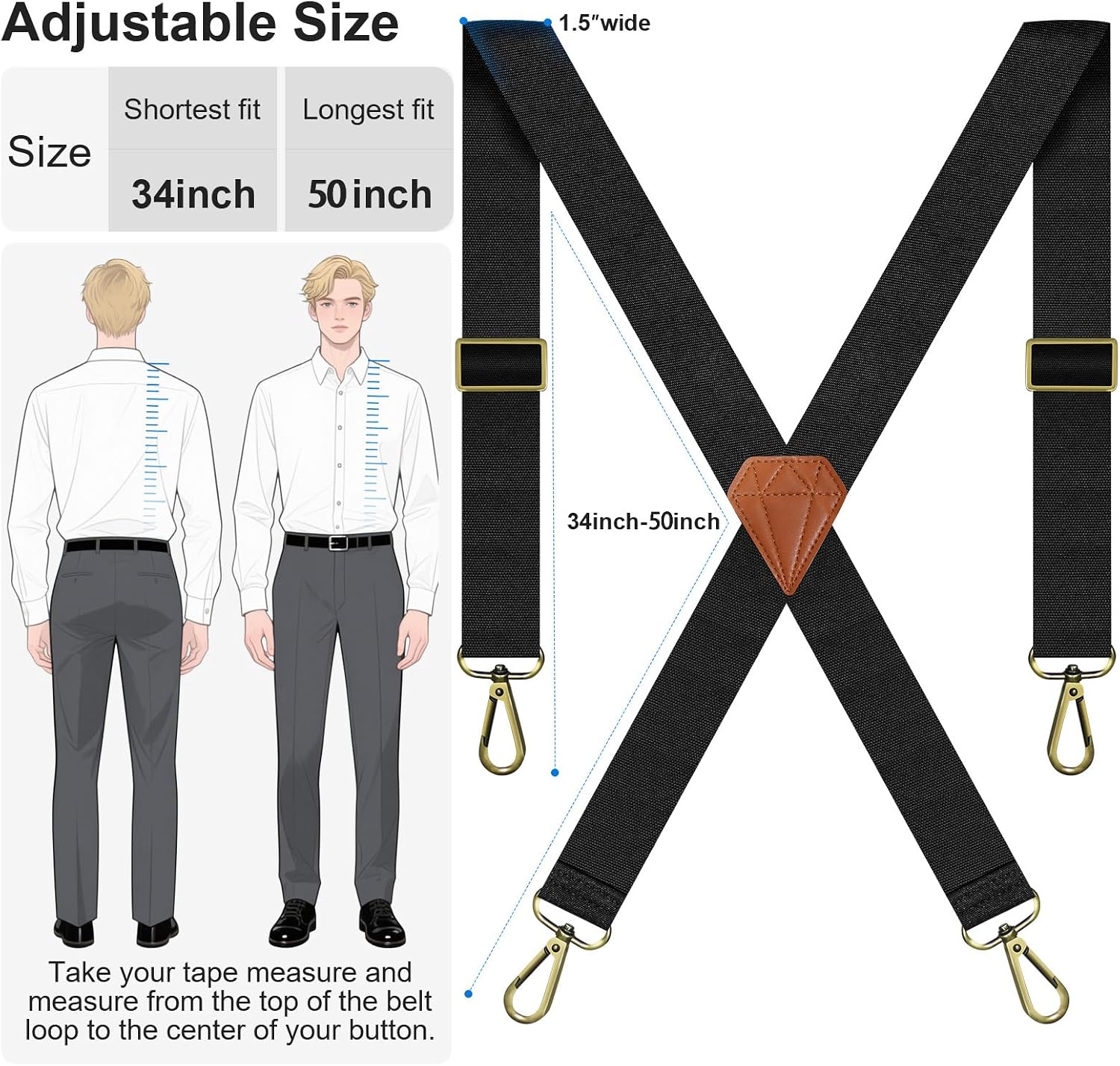 Suspenders for Men Heavy Duty Elastic, 1.5 Inches Mens Suspenders for Jeans, Adjustable Work X-Back for Dress Pants