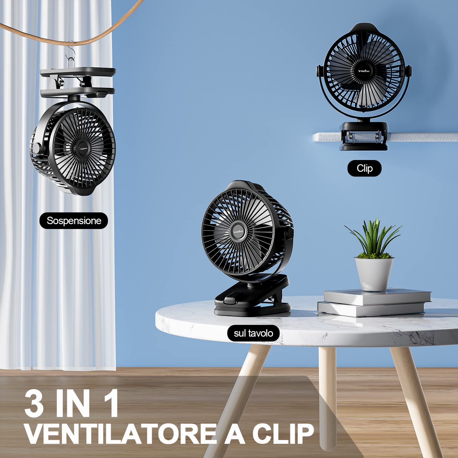 8000 mAh USB Ventilatore da tavolo piccolo con clip, telecomando, display a LED, 5 velocità 360° Rotante, portatile ventilatore a batteria ricaricabile, silenzioso mini fan per ufficio casa campeggio