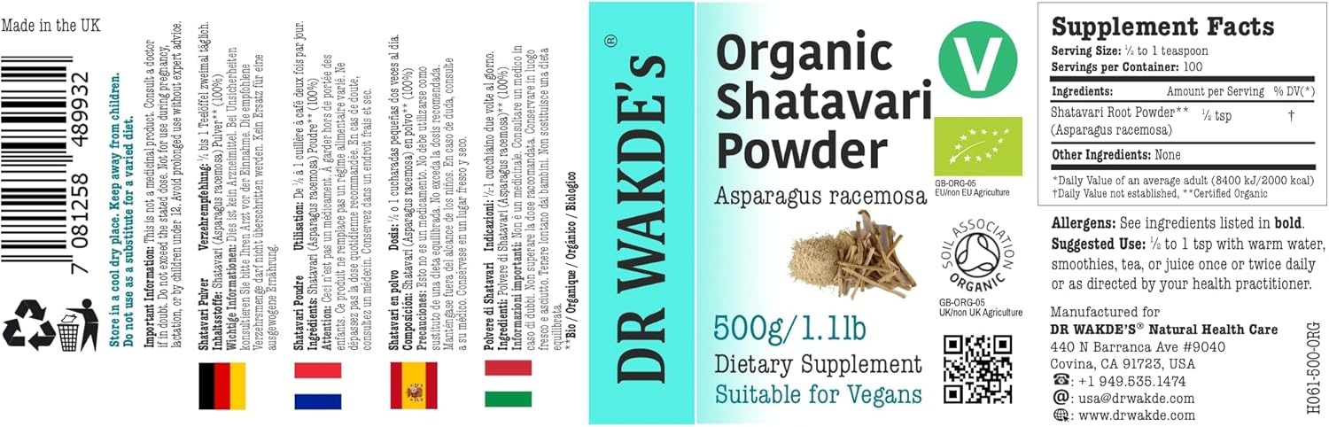 DR WAKDE's Organic Shatavari Powder (Asparagus racemosa) - 500g (1.1lb) | Pure, Raw & Dried Powder | Ayurvedic Herb | Vegan | Nothing Added, Nothing Removed | Same Day Dispatch