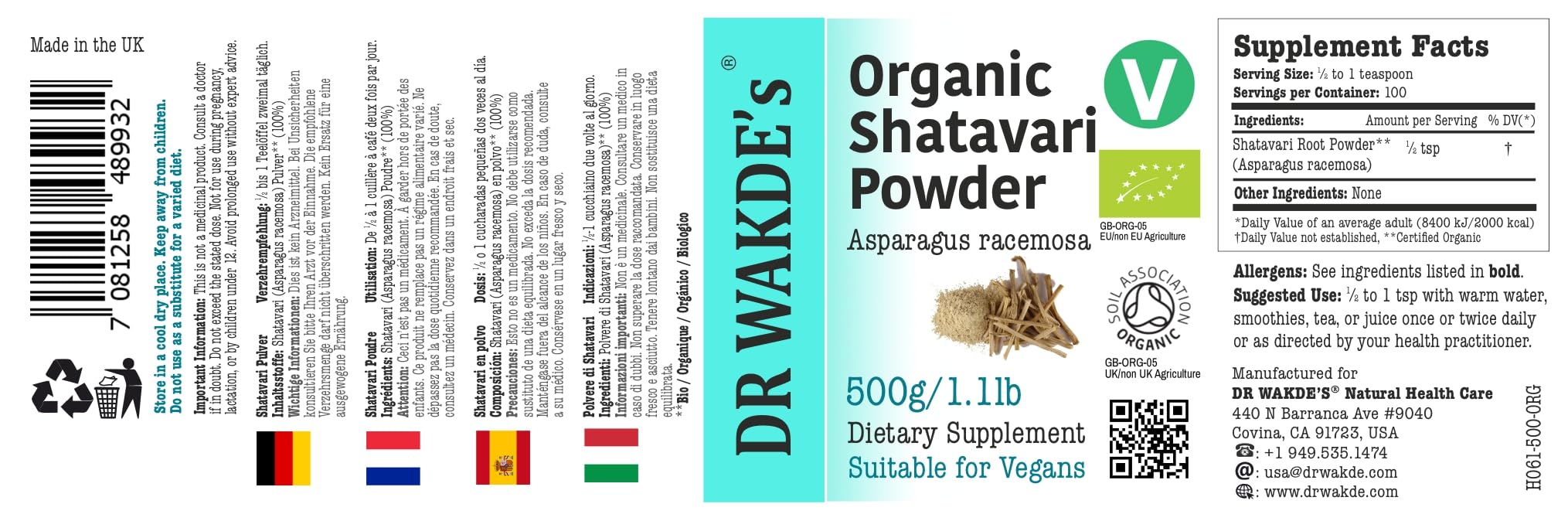 DR WAKDE'S Shatavari Pulver (Asparagus racemosa) - 500 g (1.1lb) | Rein, Raw & Getrocknetes Pulver | Ayurveda-Kräuter | Vegan | Nichts hinzugefügt, nichts entfernt | Am selben Tag Versand
