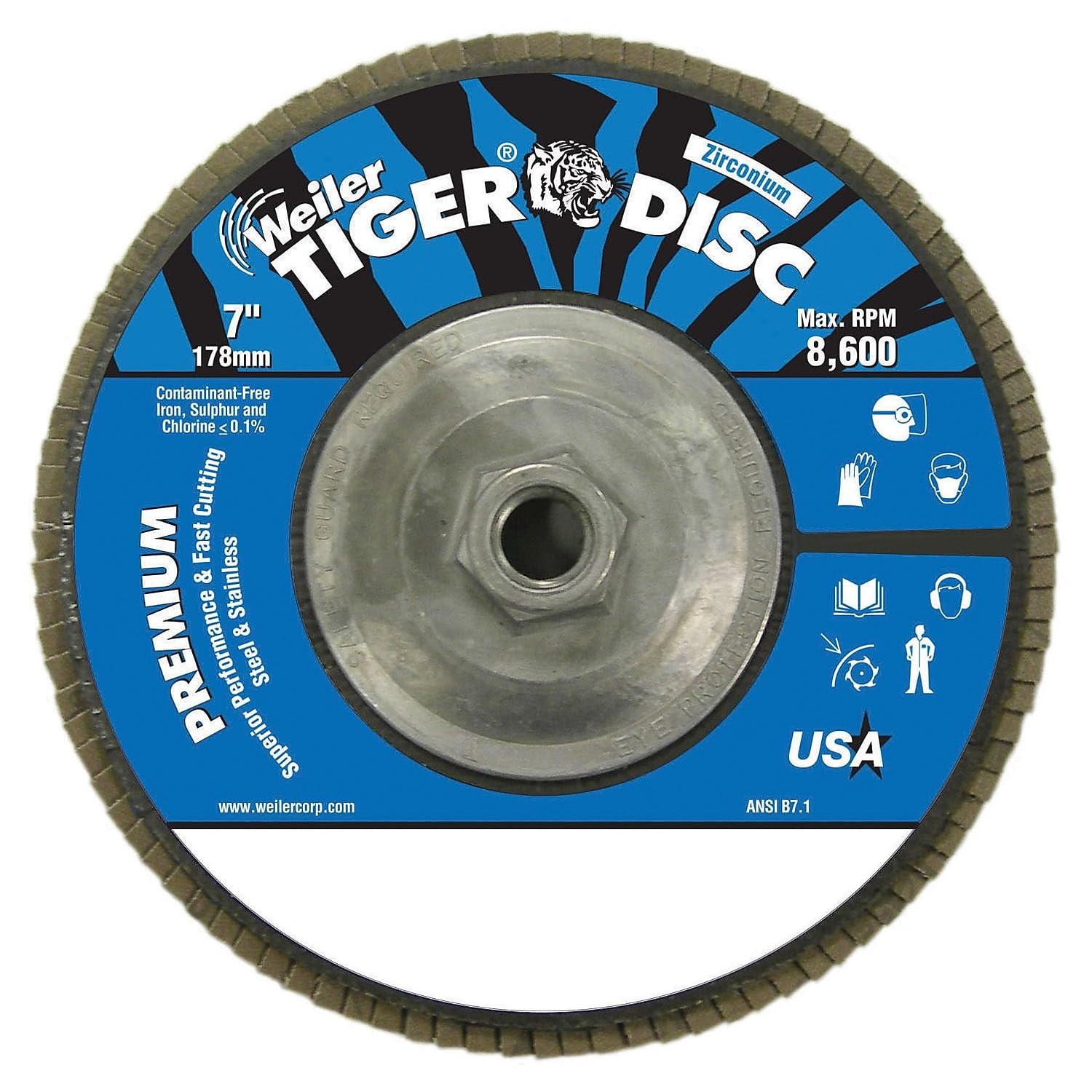 Weiler 50542 7" Tiger Disc Abrasive Flap Disc, Conical (TY29), Aluminum Backing, 36Z, 5/8"-11 UNC NUT (Pack of 10)