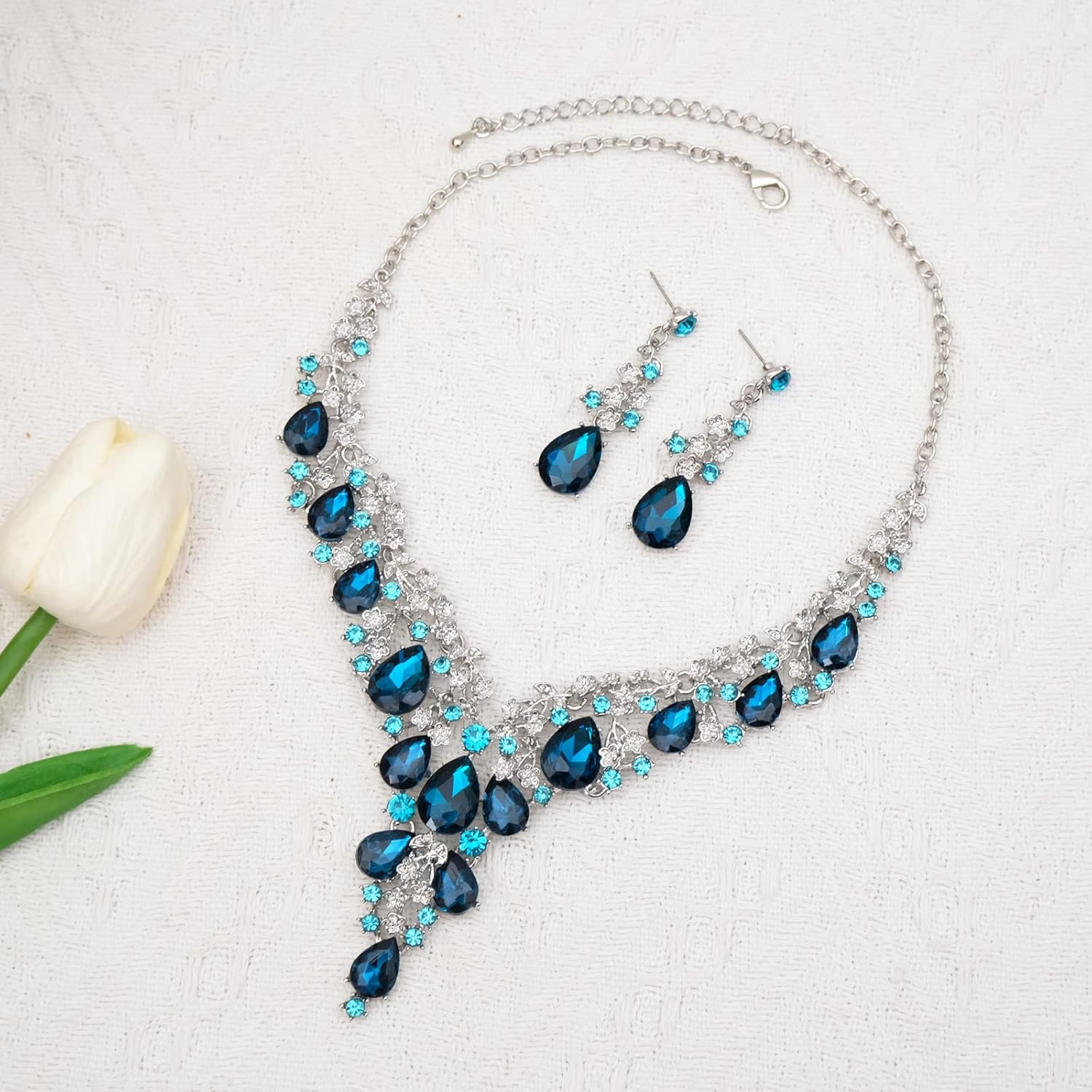 CSY Elegant Crystal Costume Jewelry Sets Flower Bridal Necklace Earrings Stretch Bangle Set for Bride Bridesmaid Wedding Dress Accessories - Image 4