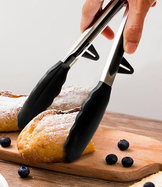 LEAZZLE Pack of 3 26 cm Stainless Steel Kitchen Tongs with Silicone Tips Kitchen Tongs Silicone Pasta Tongs Barbecue Tongs Cooking Tongs Meat Tongs Salad Tongs Serving Tongs for Barbecue Salad Cooking (Black)
