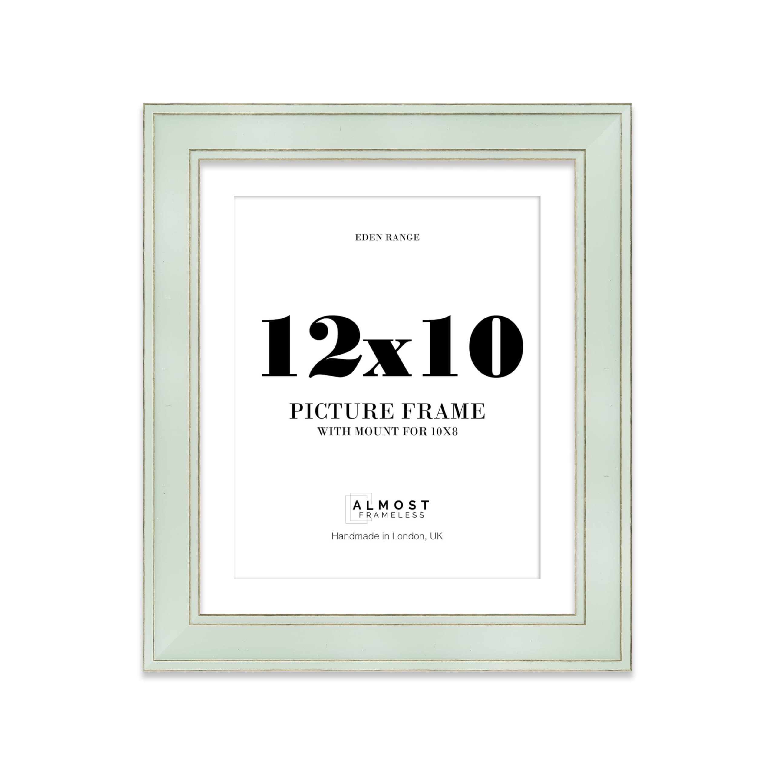 12x10 Sage Green Picture Frame with 10x8 Mount - Shabby Chic Photo Frame with Distressed Finish, Gold Trim, Wall Hooks and Kickstand, 37mm Edge - 1 Pack