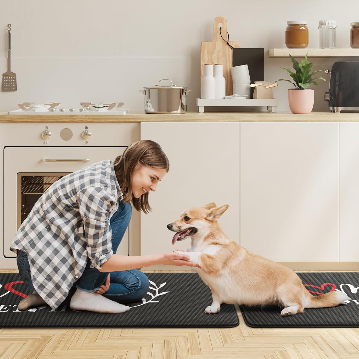 HappyTrends Kitchen Mat for Floor, 2PCS Cushioned Anti-Fatigue Kitchen Rugs, Waterproof Non-Slip Standing Mats and Rugs Set for Kitchen, Office, Laundry, Black, 17.3"×30"+17.3"×59"