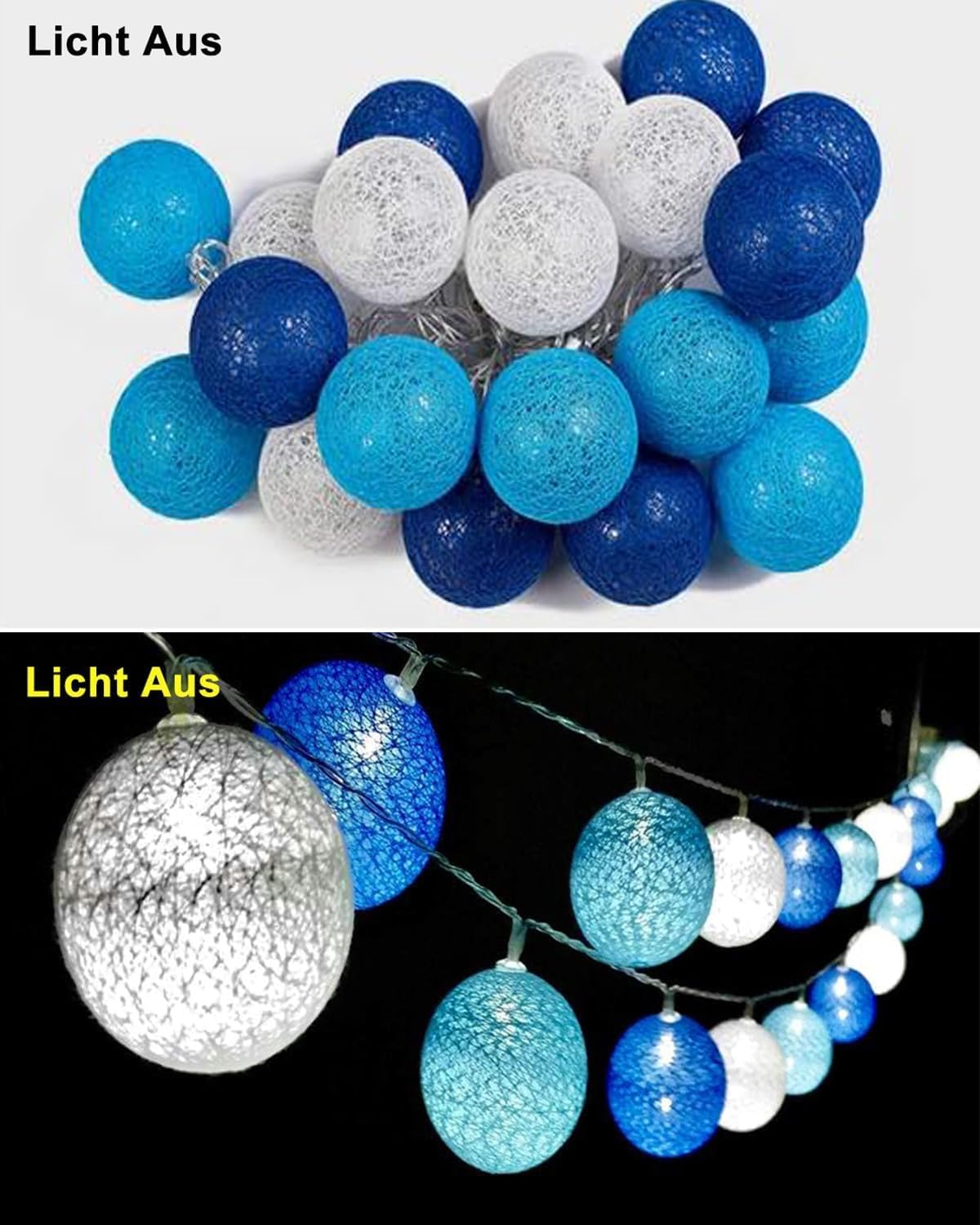 Ghirlanda Luminosa Cameretta, 3,8M 20 Sfere Cotone LED Catena Luminosa Interno Con spina, per Decorazione Della Luce Notturna Interna, Come Natale, Matrimonio, Festa, Stanza, Tenda