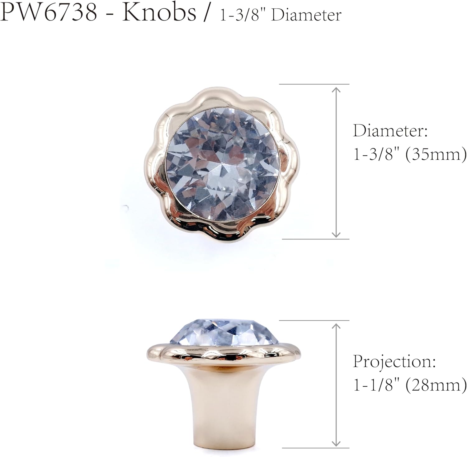 JETLAND Cabinet Drawer Crystal Knobs, 6-Pack, White with Clear Glass, 1-3/8" Diameter, Shining Daisy, Cabinet Handles for Dresser Nightstand Furniture, PW6738WW035