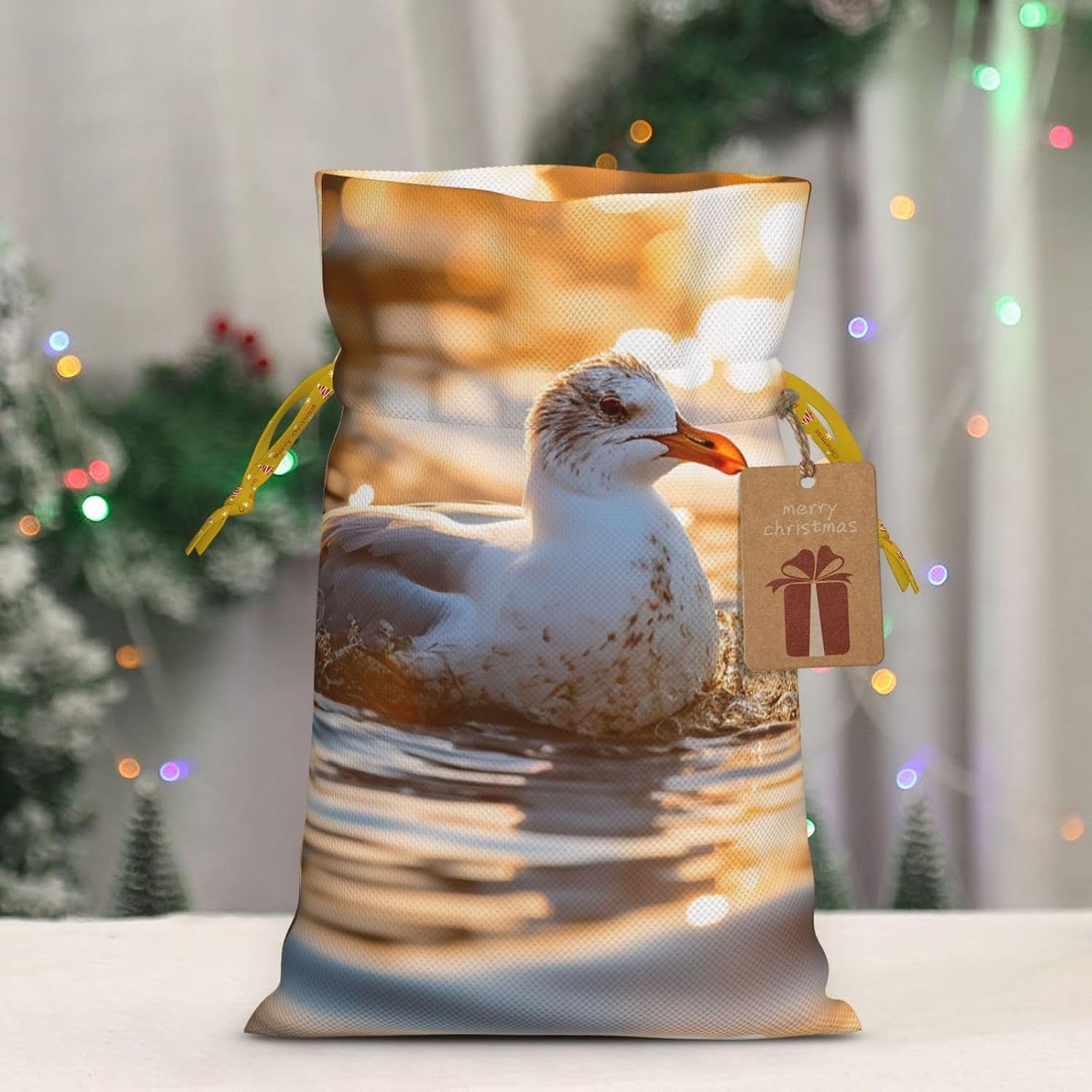 HETPLKD Swimming in Water Christmas Gift Bag Burlap Xmas Drawstring Gift Sack with Tag & Tie, Small Christmas Bags for Gifts, Reusable Gift Wrapping Bag for Holiday Party Favors