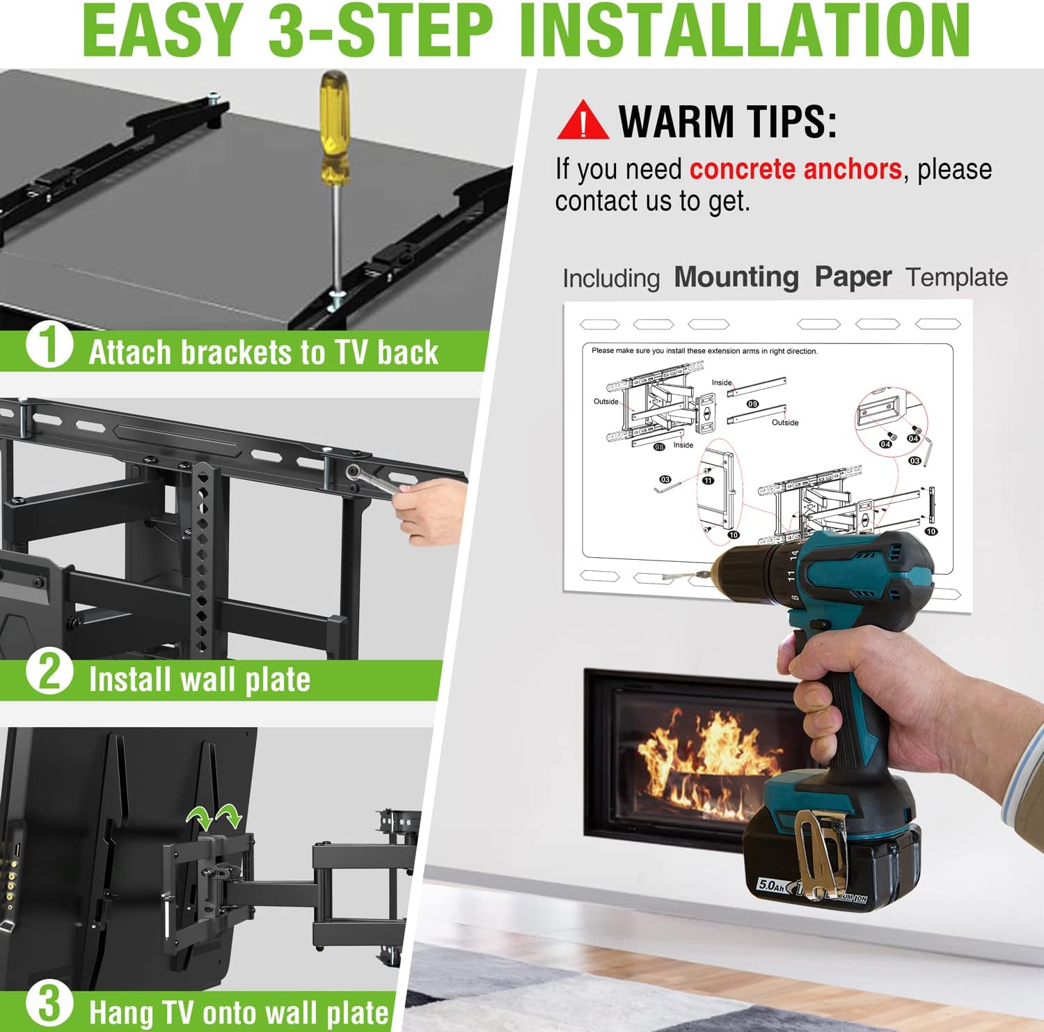 USX MOUNT Full Motion TV Mount for 42"-80" TVS, Fits 16" 18" or 24" Studs , TV Wall Mount Bracket Tilt Swivel Extension TV Mounts with Dual Articulating Arms Max VESA 600x400mm, Weight Capacity 110lbs : Electronics