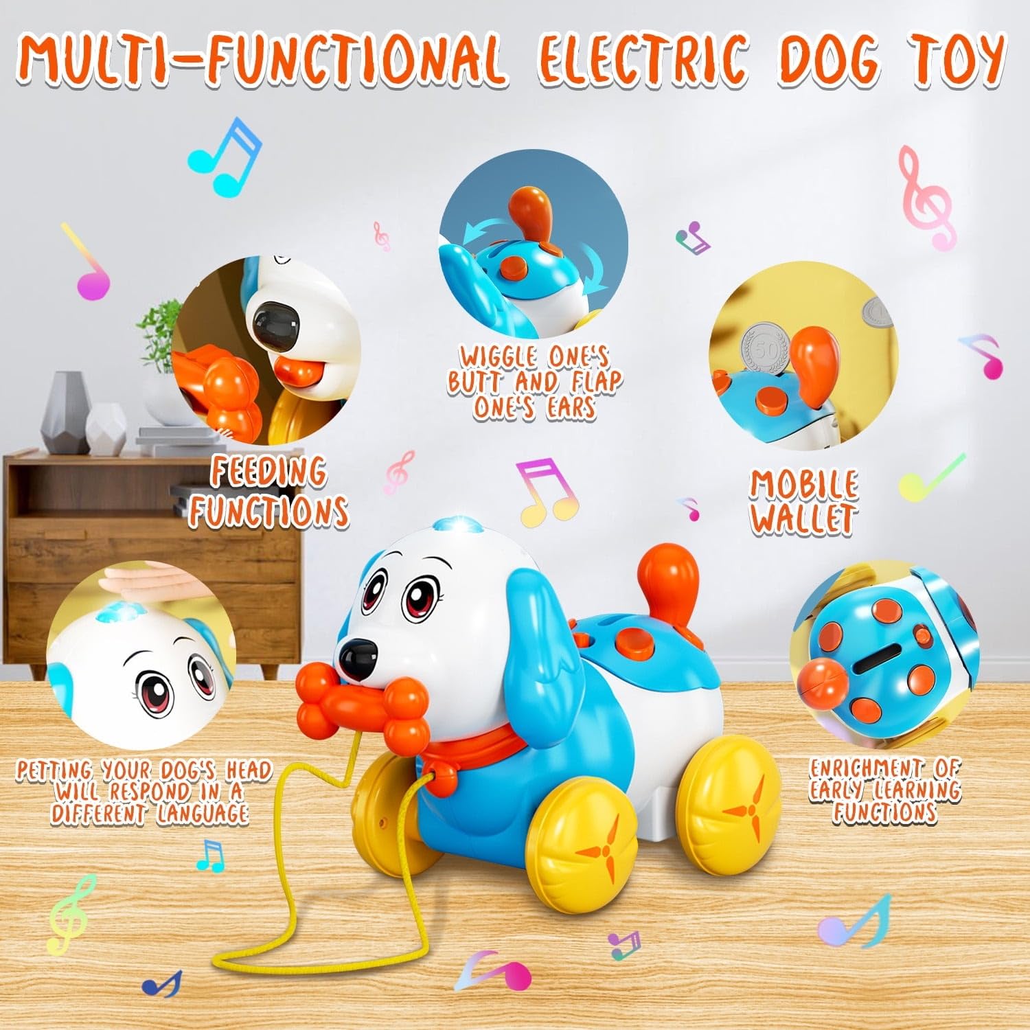 PLUSPOINT Doggy Musical Pull Along Toys with Light Music & Sounds Early Learning Developmental Educational Dog for Toddlers Activity & Walking Toys for Boys & Girls with Piggy Bank