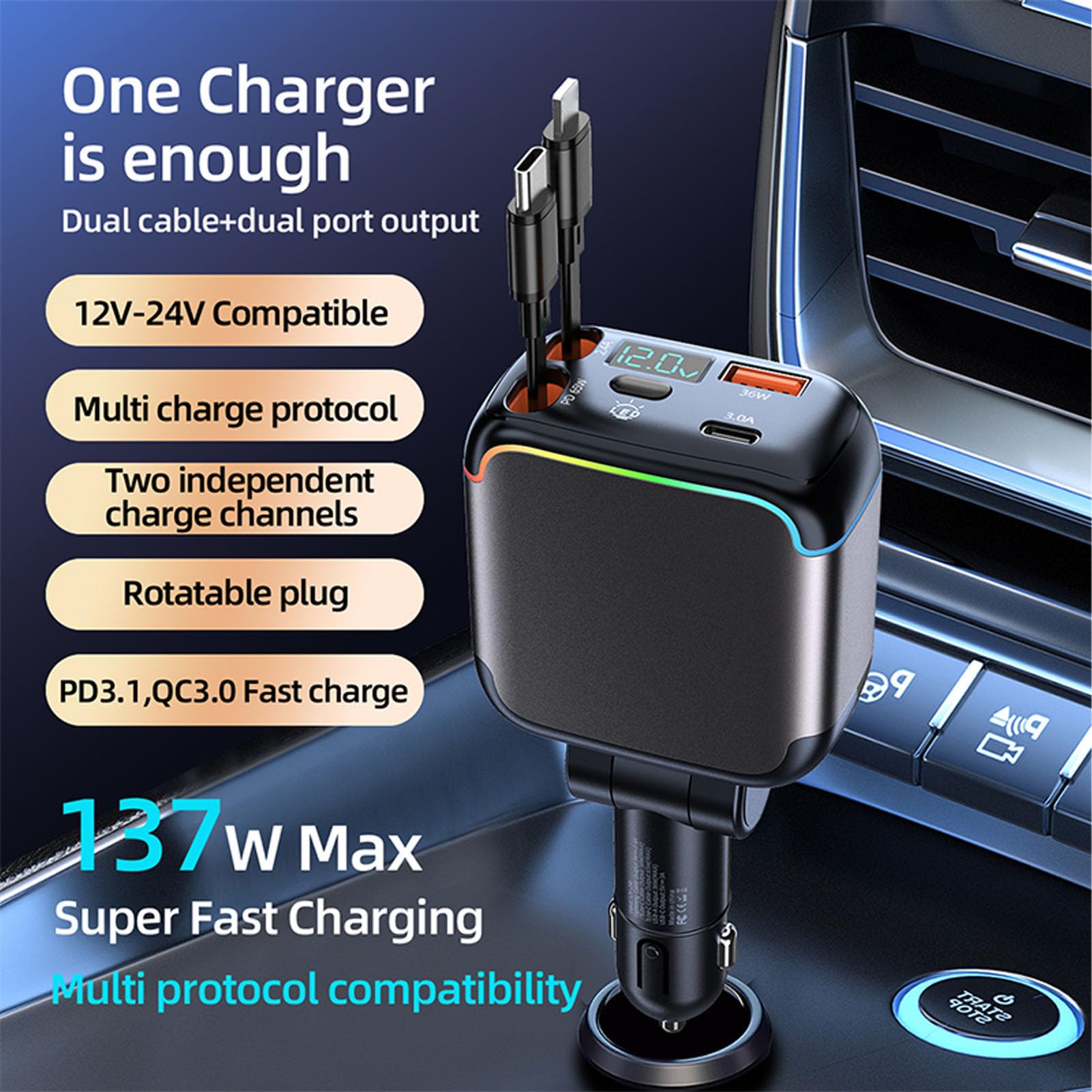 Einziehbares Autoladegerät 137 W, 4 in 1 Schnellladegerät mit Doppelkabel LED Anzeige, 12 V 24 V Kompatibel für Laptop, Telefon, Tablet, Autozubehör für Männer und Frauen