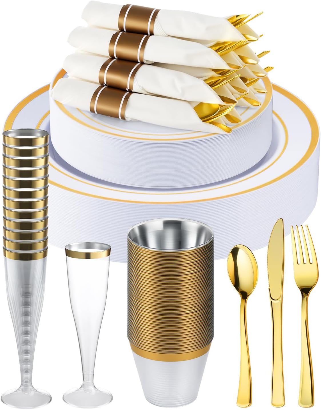 Goodluck 320PCS Gold Disposable Plastic Dinnerware Set for 40 Guests, Include 40 Dinner Plates, 40 Dessert Plates, 40 Napkins with Silverware, 40 Cups, 40 Champagne Glasses, for Christmas, Wedding