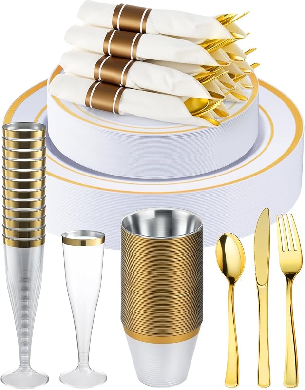 320PCS Gold Plates Sets, Fancy Disposable Dinnerware for 40 Guests | Include 40 Dinner Plates, 40 Dessert Plates, 40 Napkins with Silverware, 40 Cups, 40 Champagne Glasses, for Parties , Wedding