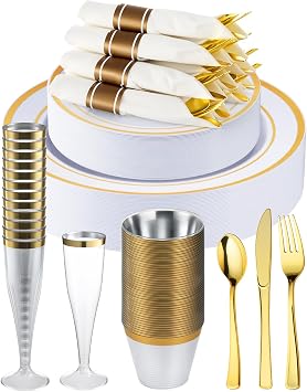 Goodluck 320PCS Gold Disposable Plastic Dinnerware Set for 40 Guests, Include 40 Dinner Plates, 40 Dessert Plates, 40 Napkins with Silverware, 40 Cups, 40 Champagne Glasses, for Christmas, Wedding
