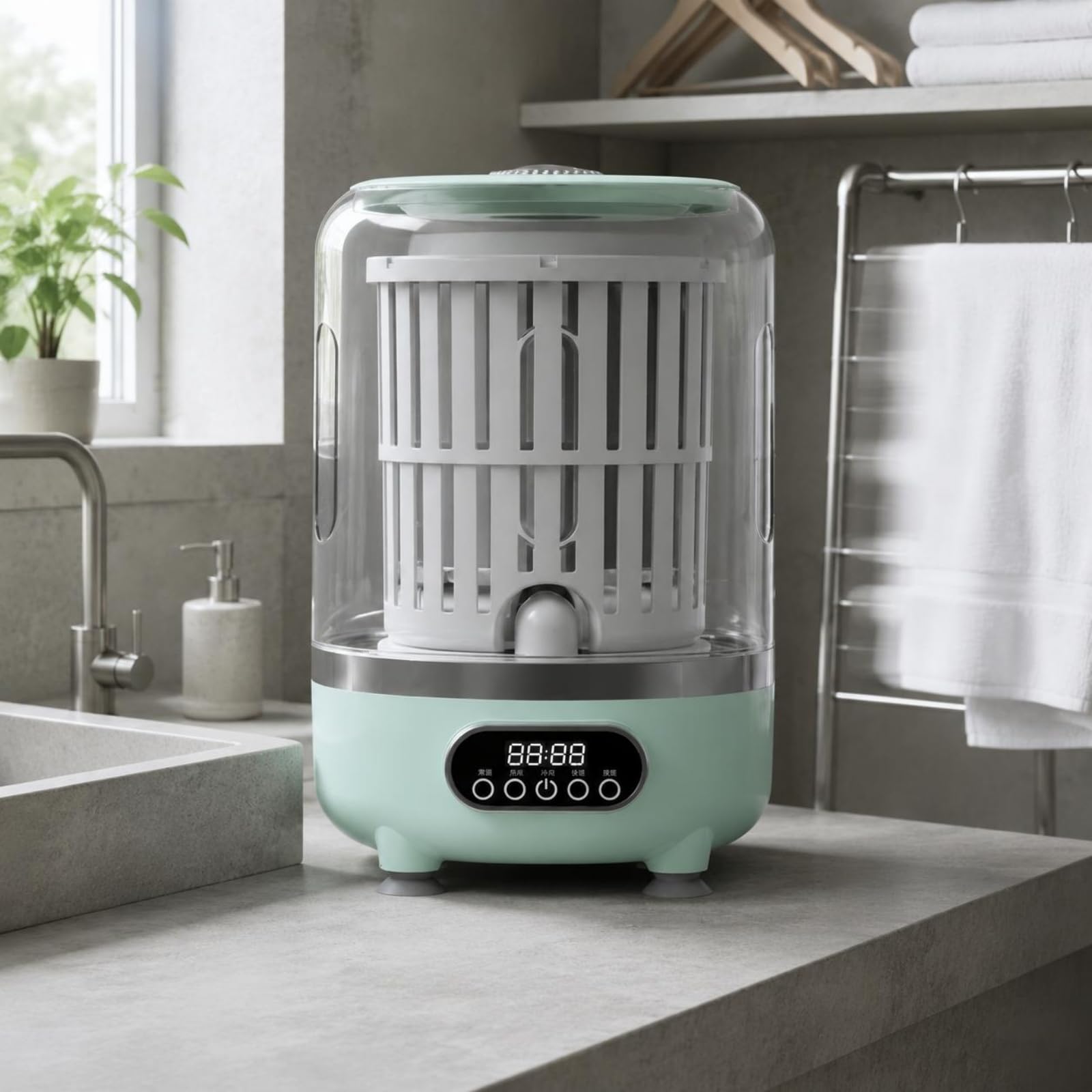 Mini Lavadora Portátil Compacta USB Secadora Giratoria Tamaño 25.5x15cm para Espacios Reducidos Plástico Adecuada para Encimera Cocina Baño Separación de Ropa, Blanco