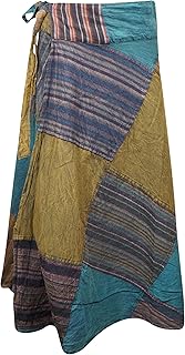 Mogul Interior Wrap Around Skirts Cotton Olive Green Patchwork Midi Skirts One Size