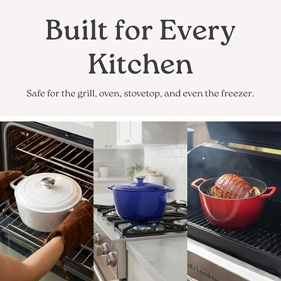 ROSSALLINI Signature Enameled Cast Iron Dutch Oven, Non-Stick Serving Pot with Tight Fitting Lid for Perfect Roasting, Baking, Sauteing, and Bread Making | 2Q (1.9L) - Indigo Blue