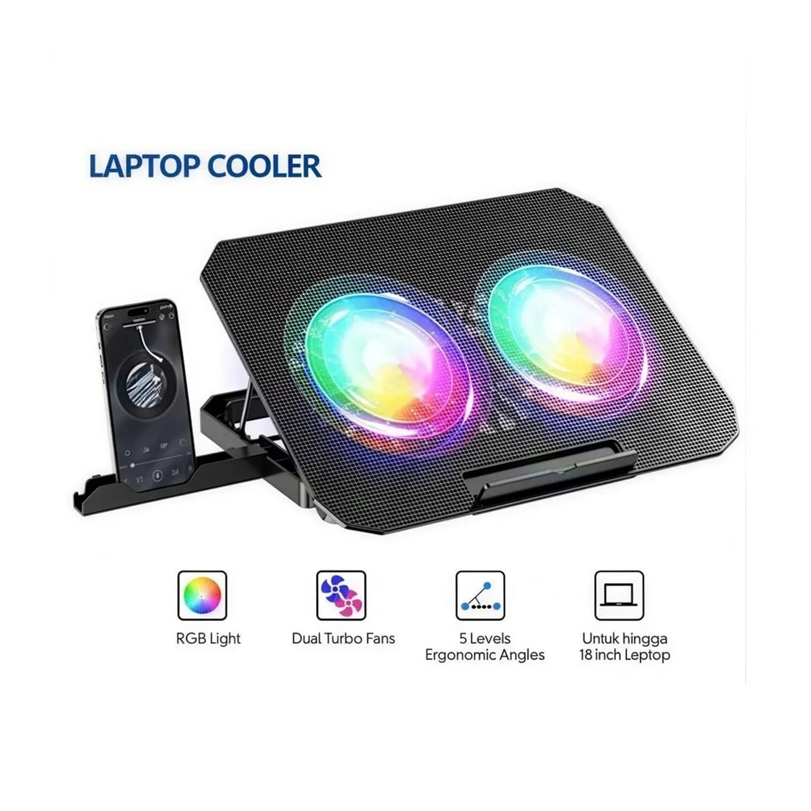 Enfriador de portátil con Dos Ventiladores, Almohadilla de refrigeración Grande RGB Ajustable, Soporte for teléfono, Base de refrigeración for portátil con Ajuste de 7 velocidades(RGB Two Fan)