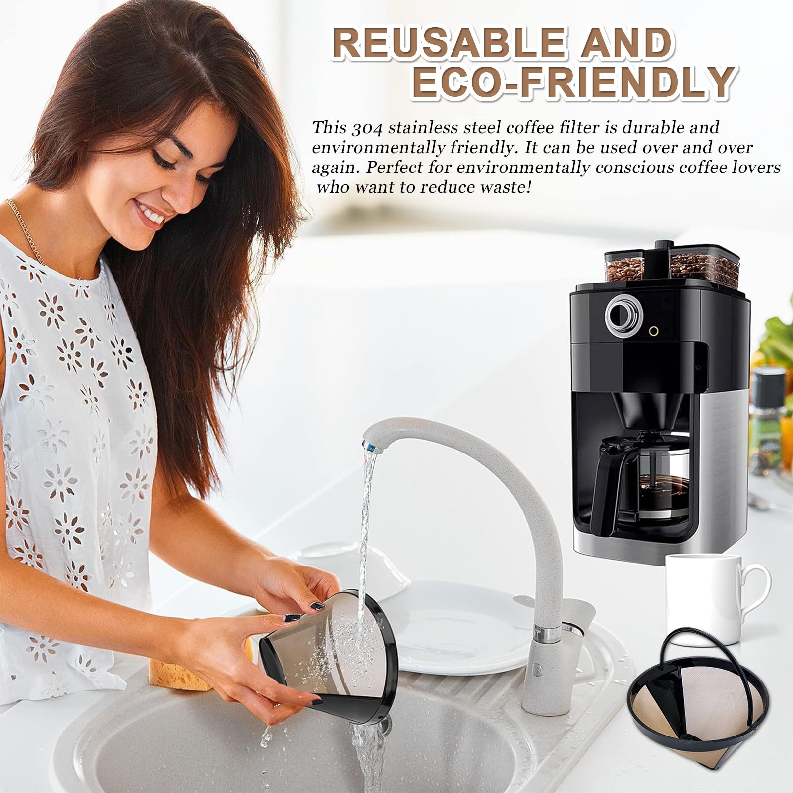 Filtro caffè riutilizzabile in acciaio inox con manico e accessori, 2 filtri, 1 cucchiaio e 1 spazzola per pulizia, compatibile con tutte le macchine per caffè a cono