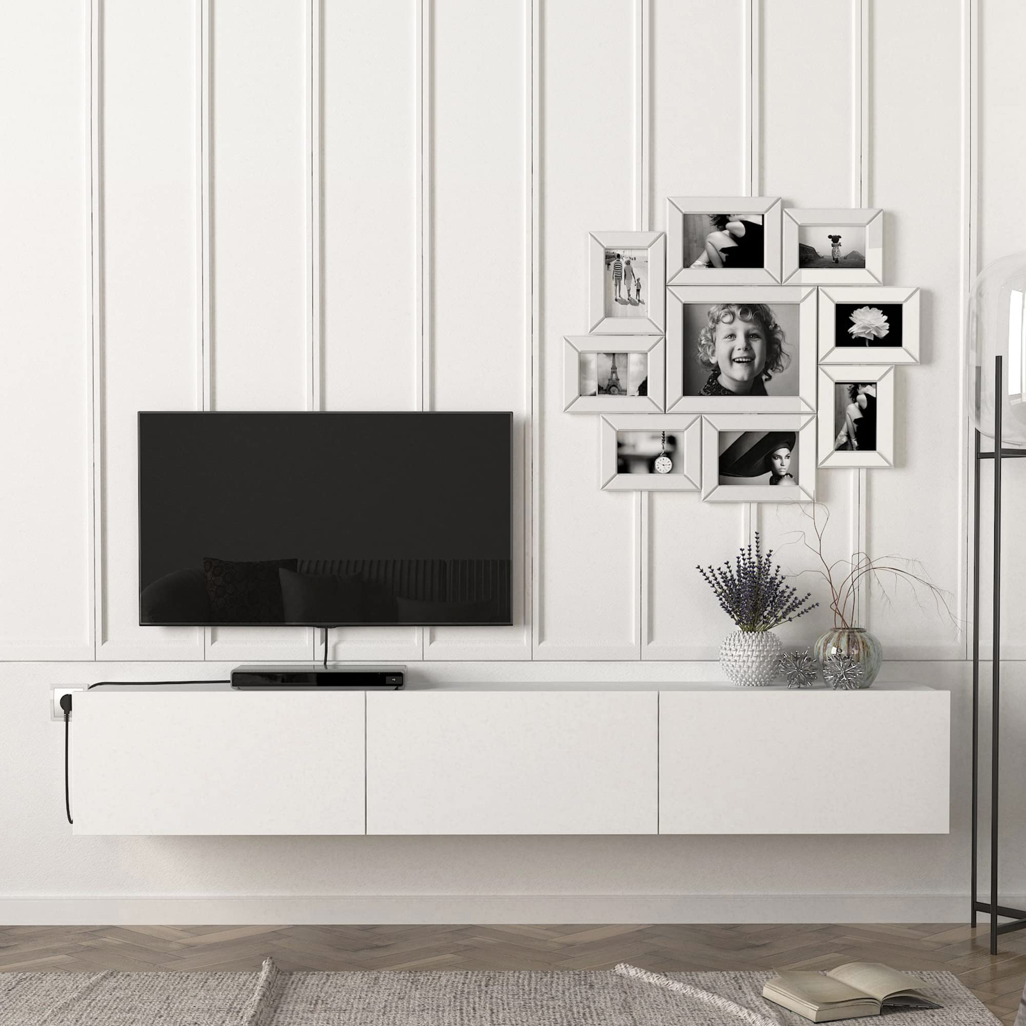 [en.casa] Mobile TV da Parete con 3 Ante a Ribalta Mensola Porta TV 180 x 31 x 29,5 cm Armadietto Pensile - Bianco