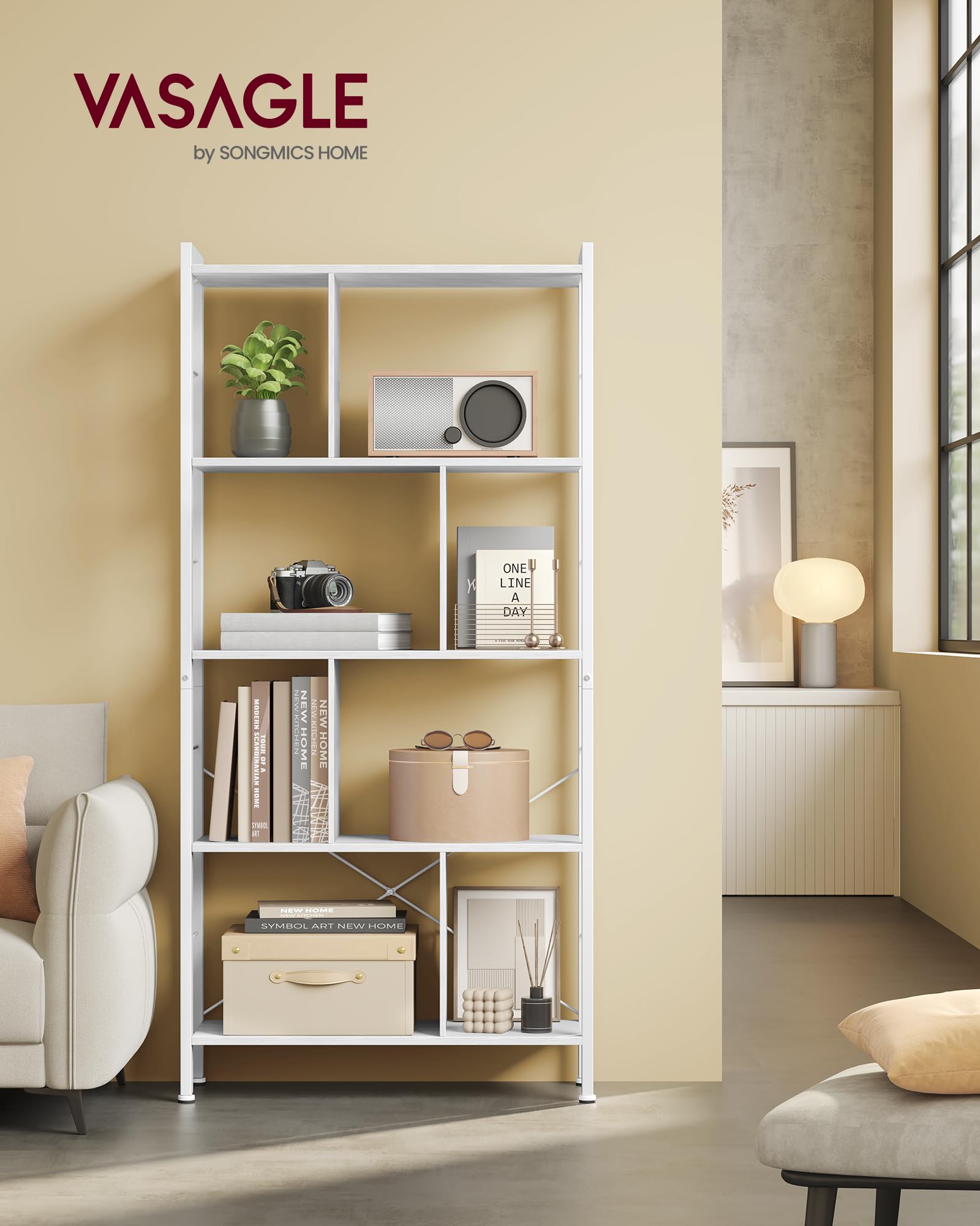 VASAGLE Libreria, Scaffale Portaoggetti a 5 Ripiani, Organizzatore per Studio Ufficio, con Scomparti Aperti per Soggiorno, in Stile Industriale, Bianco Acero e Bianco Nuvola LBC012W44