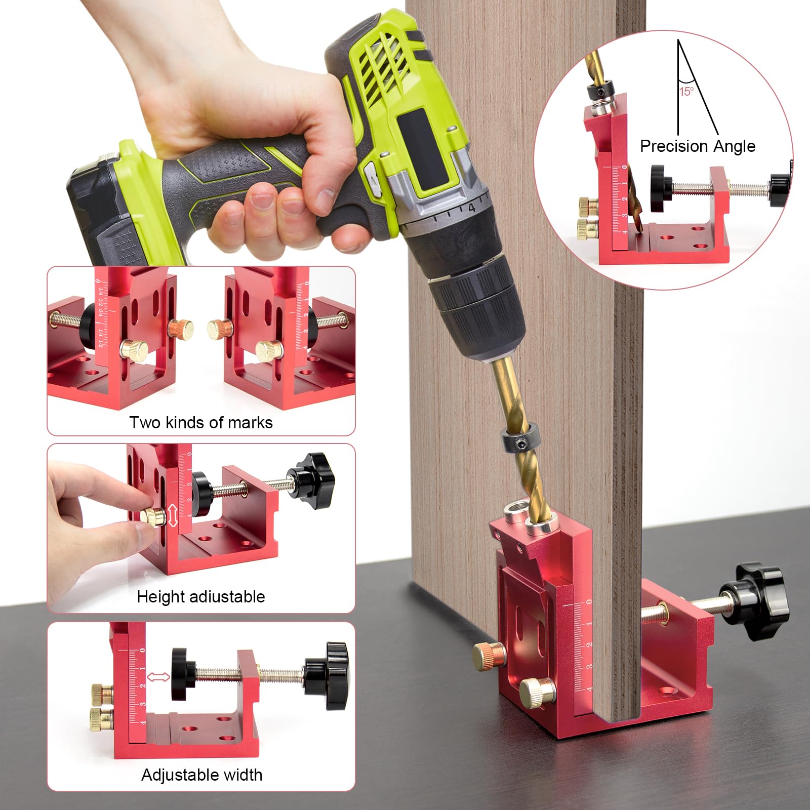 Pocket Hole Screw Jig Kit, Metal Pocket Screw Jig 15 Degree Drilling Locator - Image 2