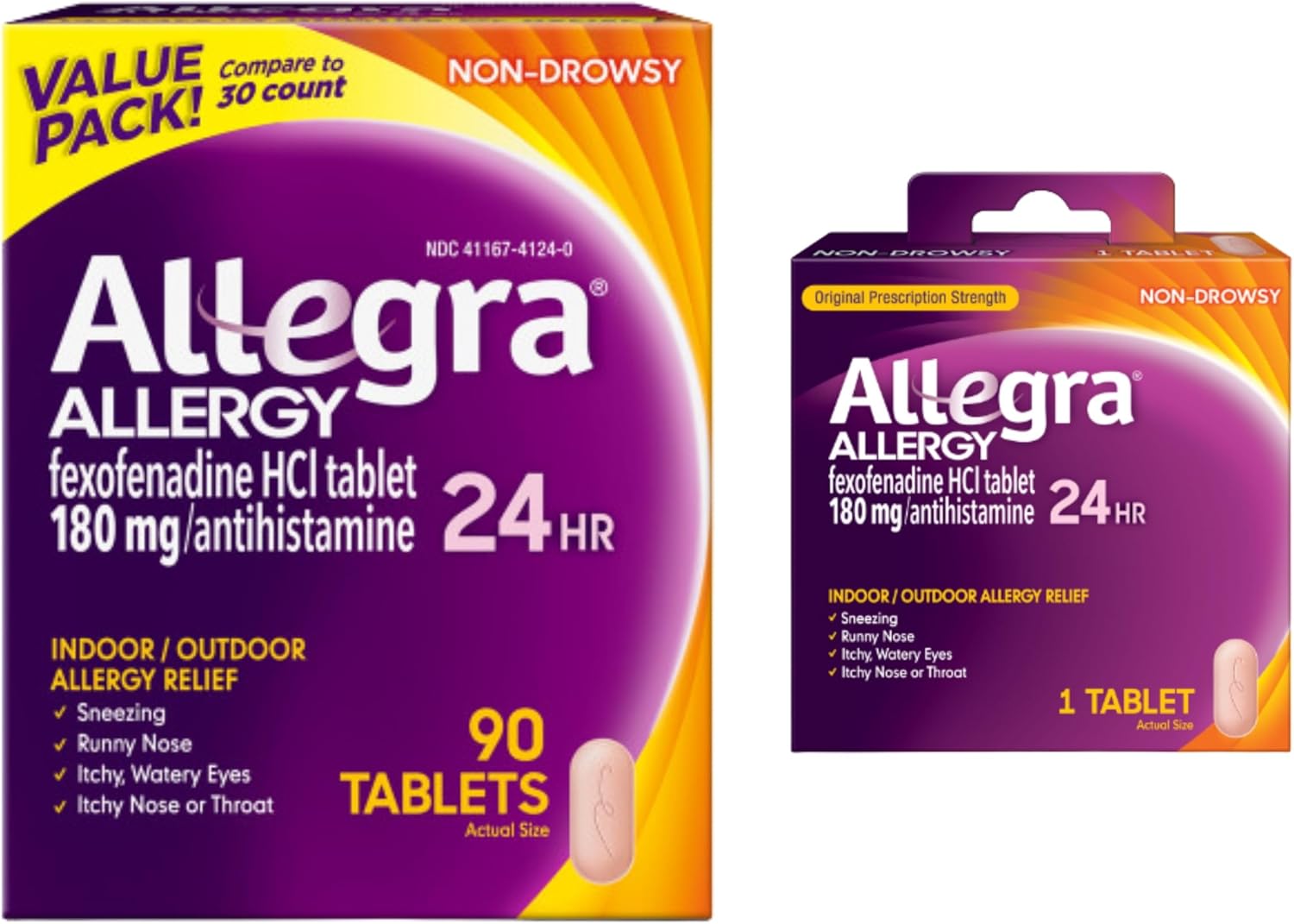 Allegra Adult 24-Hour Allergy Relief Tablets, Non-Drowsy Indoor and Outdoor Allergy Medicine, 180 mg Fexofenadine HCI Antihistamine Pill, 90 Count Plus 1 Count Travel Pack