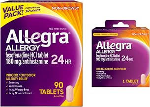 Allegra Adult 24-Hour Allergy Relief Tablets, Non-Drowsy Indoor and Outdoor Allergy Medicine, 180 mg Fexofenadine HCI Antihistamine Pill, 90 Count Plus 1 Count Travel Pack