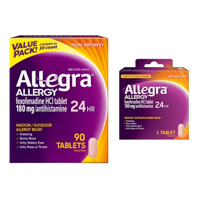 Allegra Adult 24-Hour Allergy Relief Tablets Non-Drowsy Indoor and Outdoor Allergy Medicine 180 mg Fexofenadine HCI Antihistamine Pill