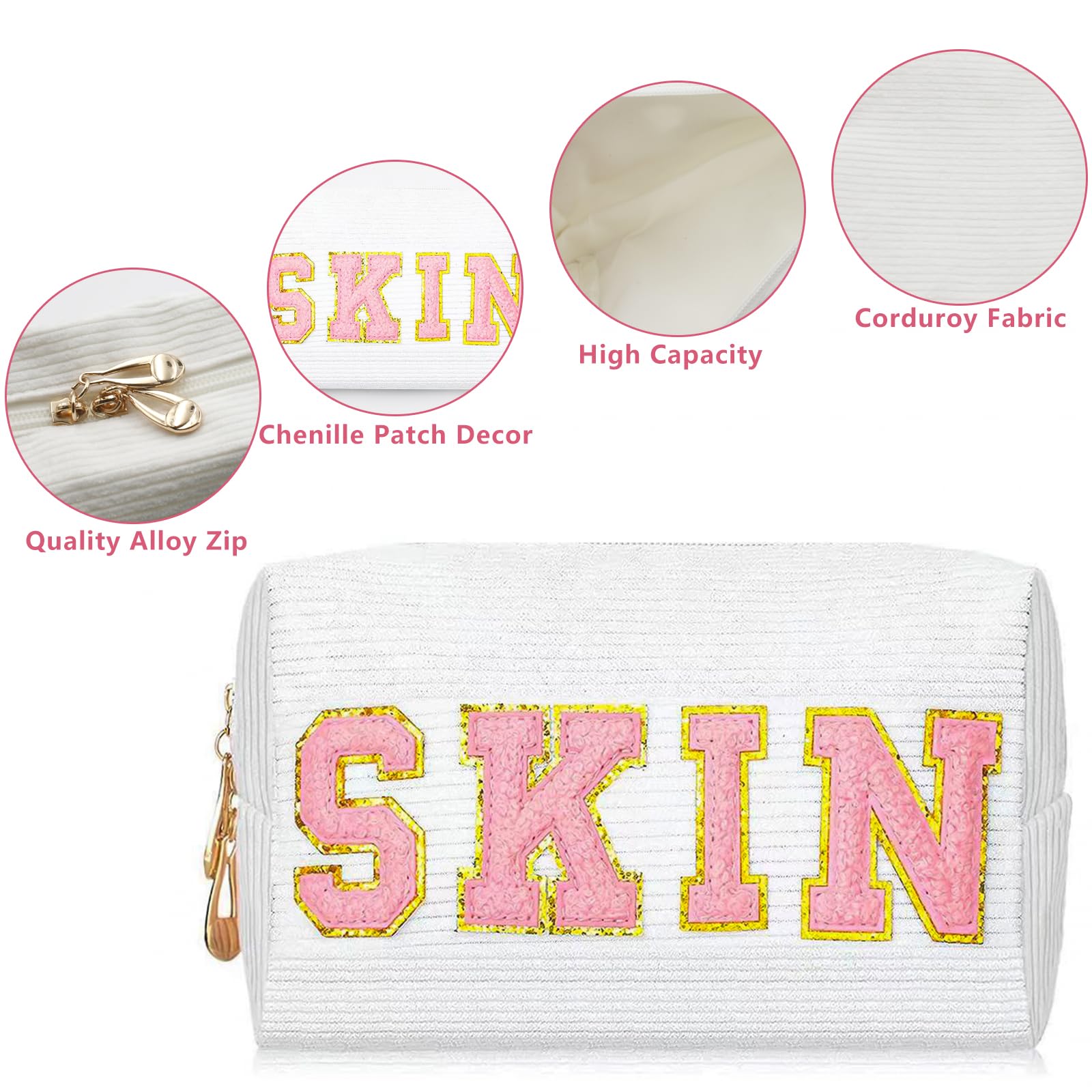 Yoolly Cosmetic Bags for Women Corduroy Makeup Bag, Chenille Letter Organizer Skin Care Bag - Image 4