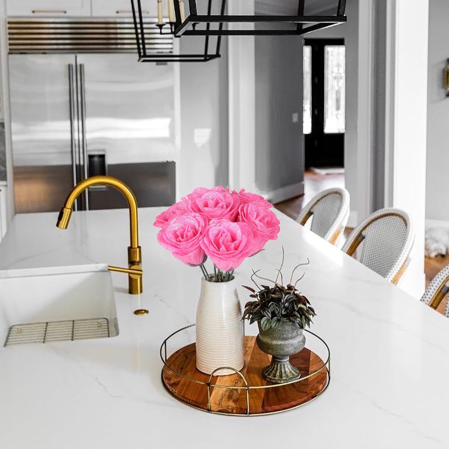 Artificial Roses,30PCS Pink Roses Glitter Roses Artificial Flowers for Crafts Wedding Bouquet Home Decoration(Pink)