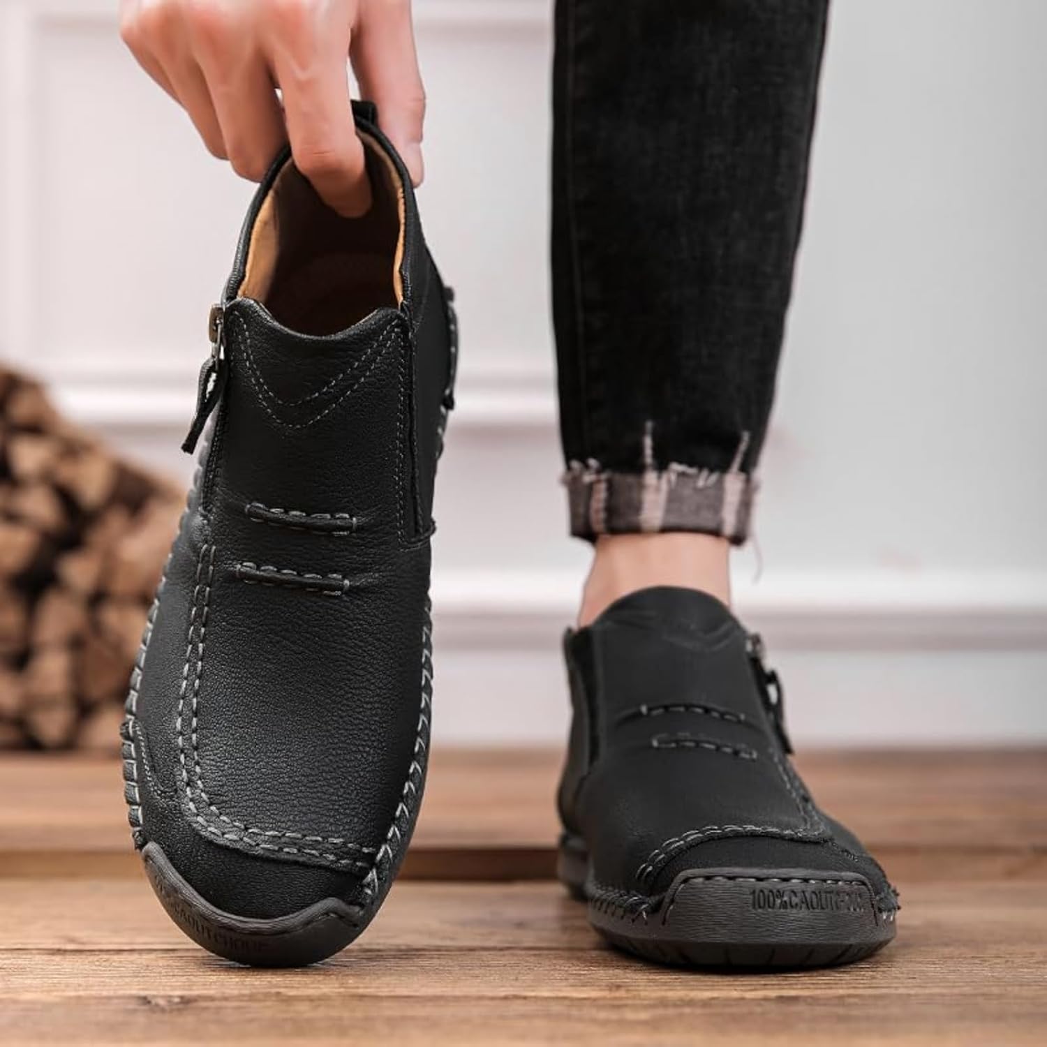 Mens Casual Leather Shoes Handmade Leather Shoes for Women Slip On Ankle Chukka Boots Lightweight Breathable Mid-top Fashion Sneakers Walking Driving Loafers Boot with Side Zipper
