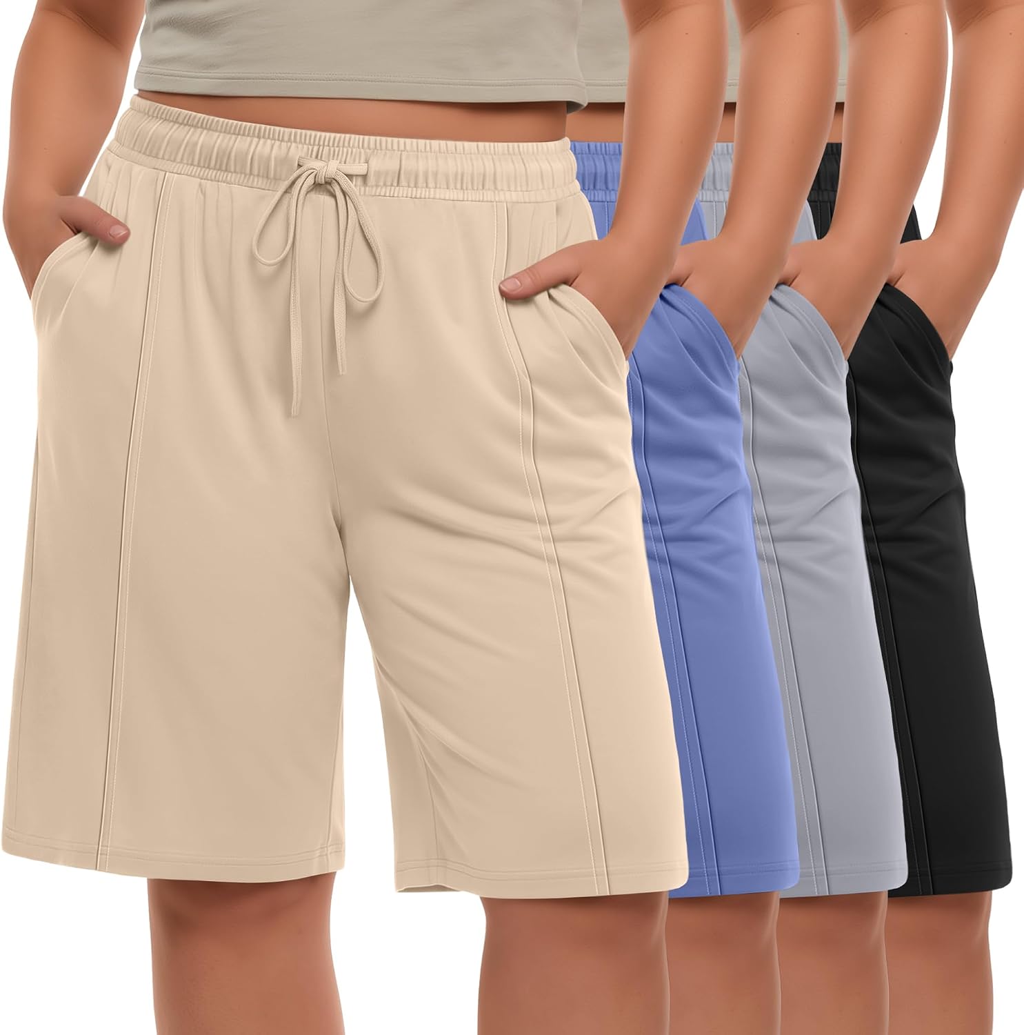 4 Pack Women's Plus Size Bermuda Shorts Drawstring Knee Length High Waist Casual Athletic Sweatpant with Pockets